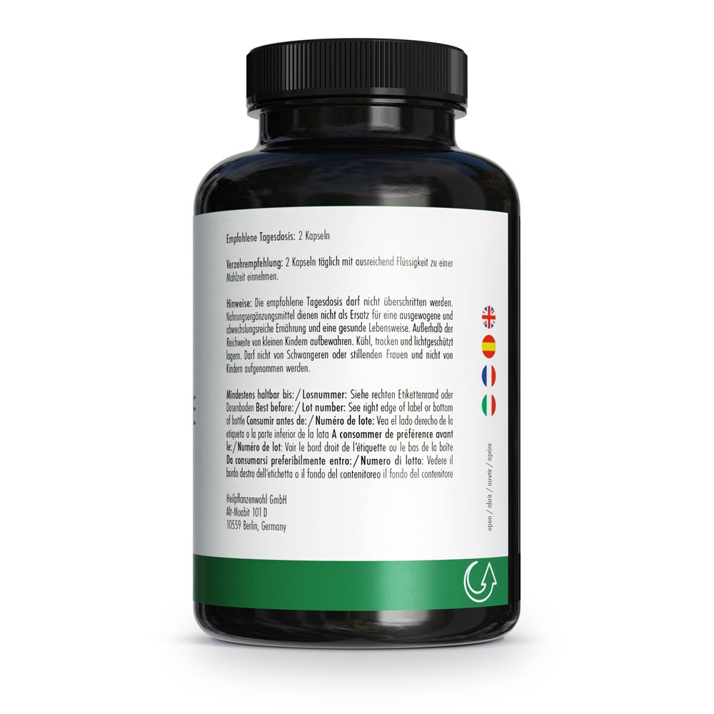 Dos de la bouteille. Texte: Dosage, conseils. Informations multilingues. Informations fabricant.