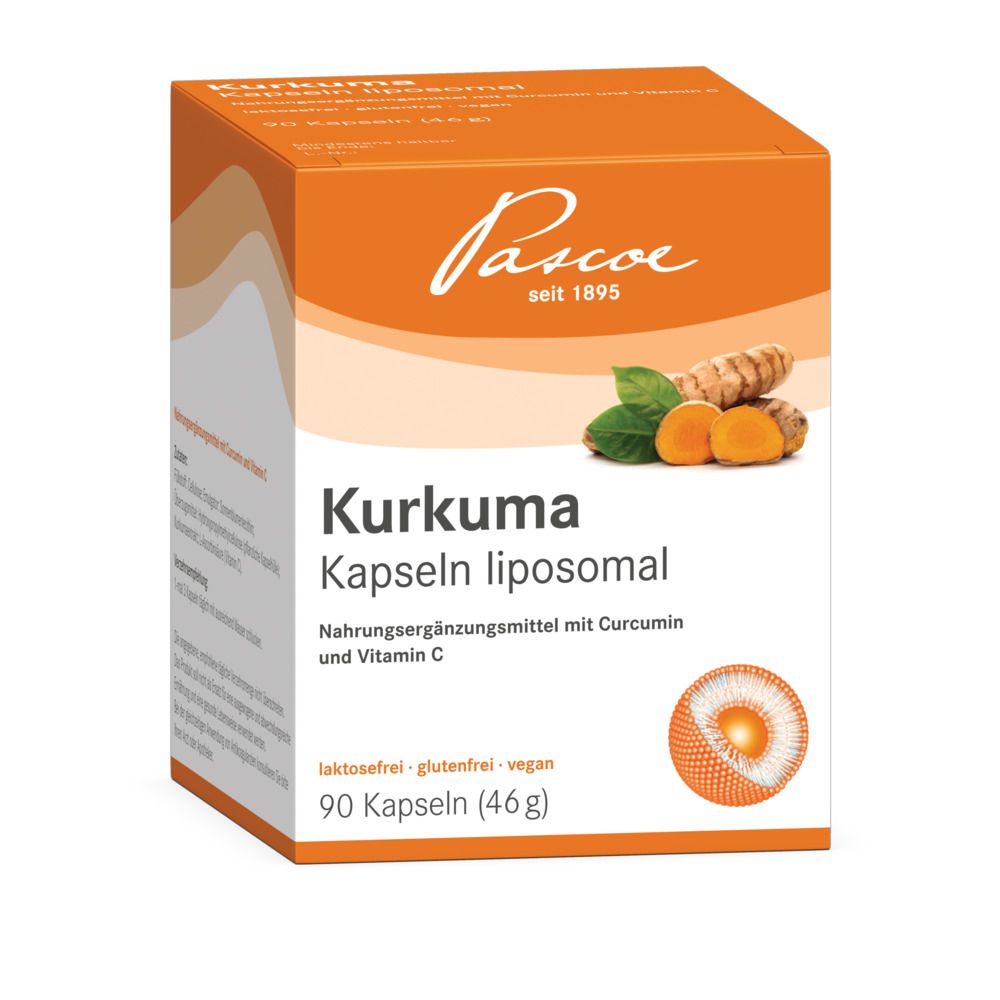 Boîte orange avec impression du produit. Contient des gélules de curcuma liposomales. Marque : Pascoe.