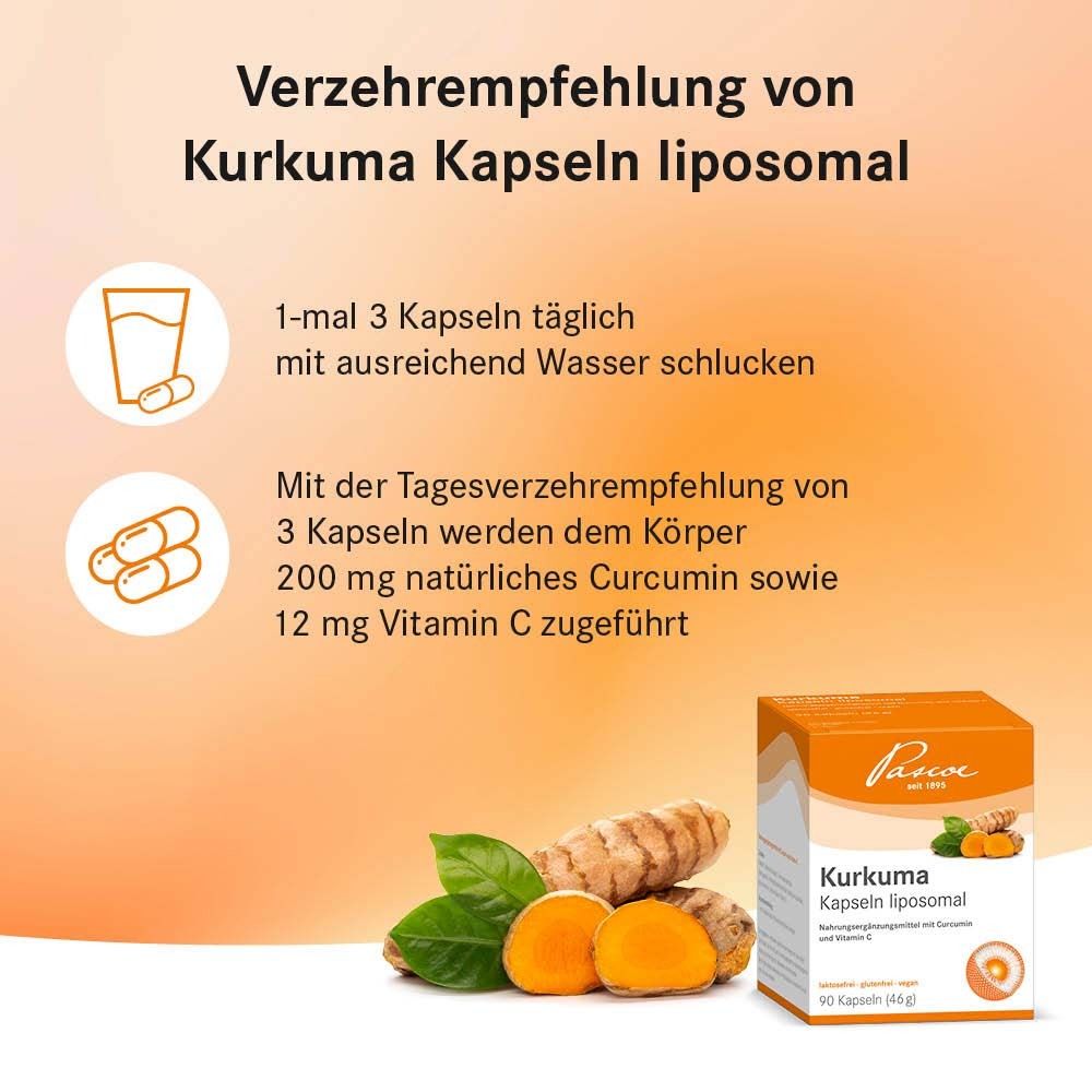 Texte avec recommandation de consommation. À côté, emballage du produit. Impression : Kurkuma Kapseln liposomal. Marque : Pascoe.