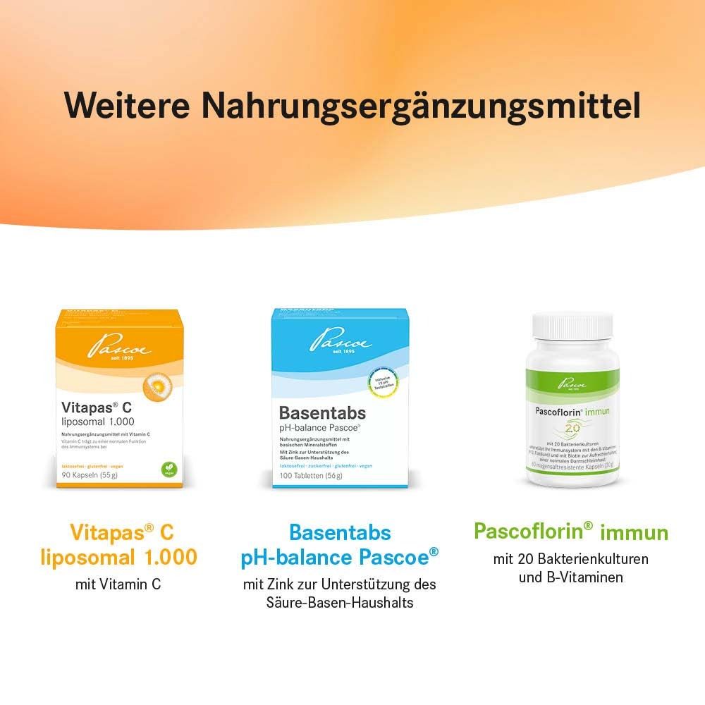 Autres compléments alimentaires. Vitapas C liposomal, Basentabs pH-balance Pascoe, Pascoflorin immun.