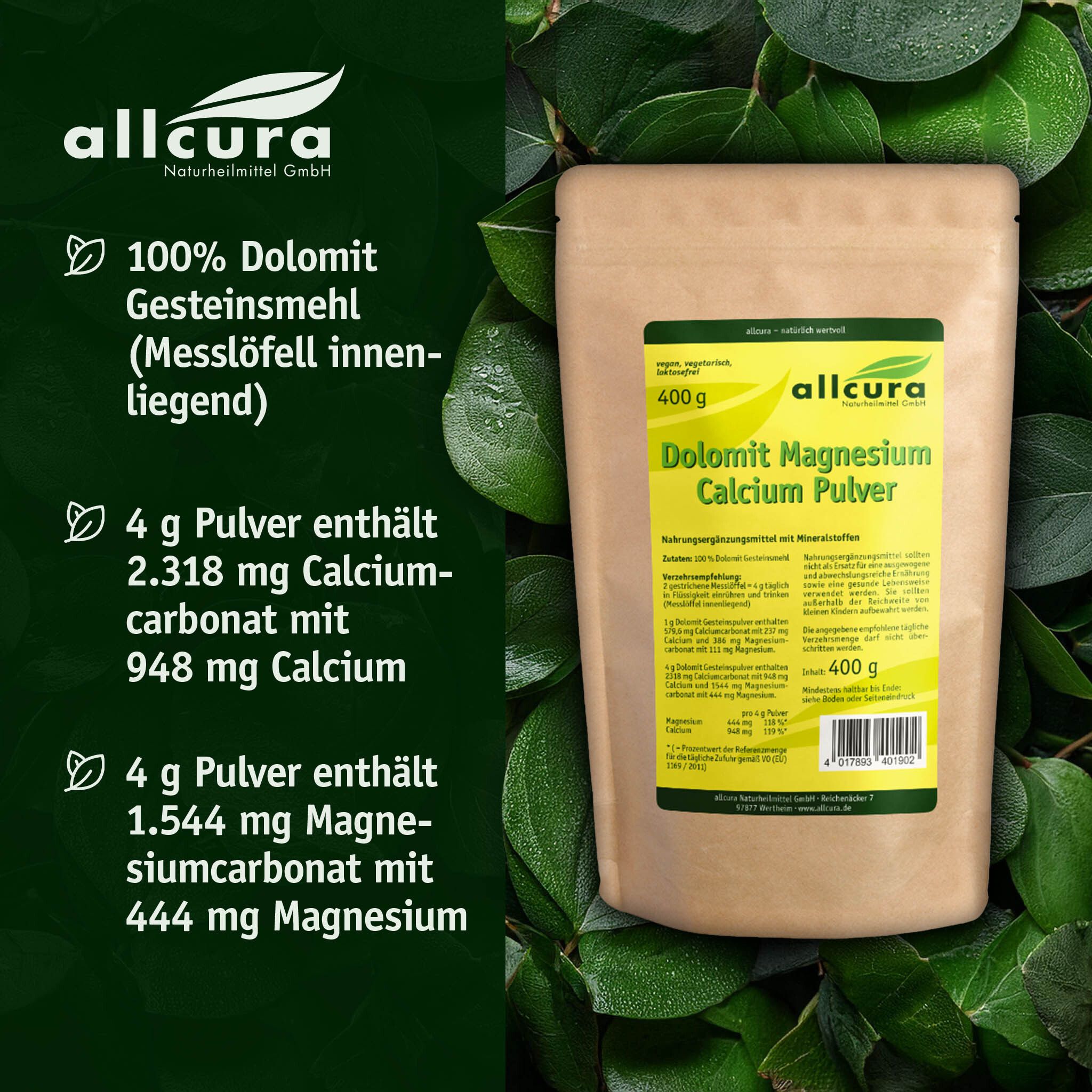Emballage du produit "allcura Dolomit Magnesium Calcium Pulver" sur fond vert. Texte avec informations sur le contenu.