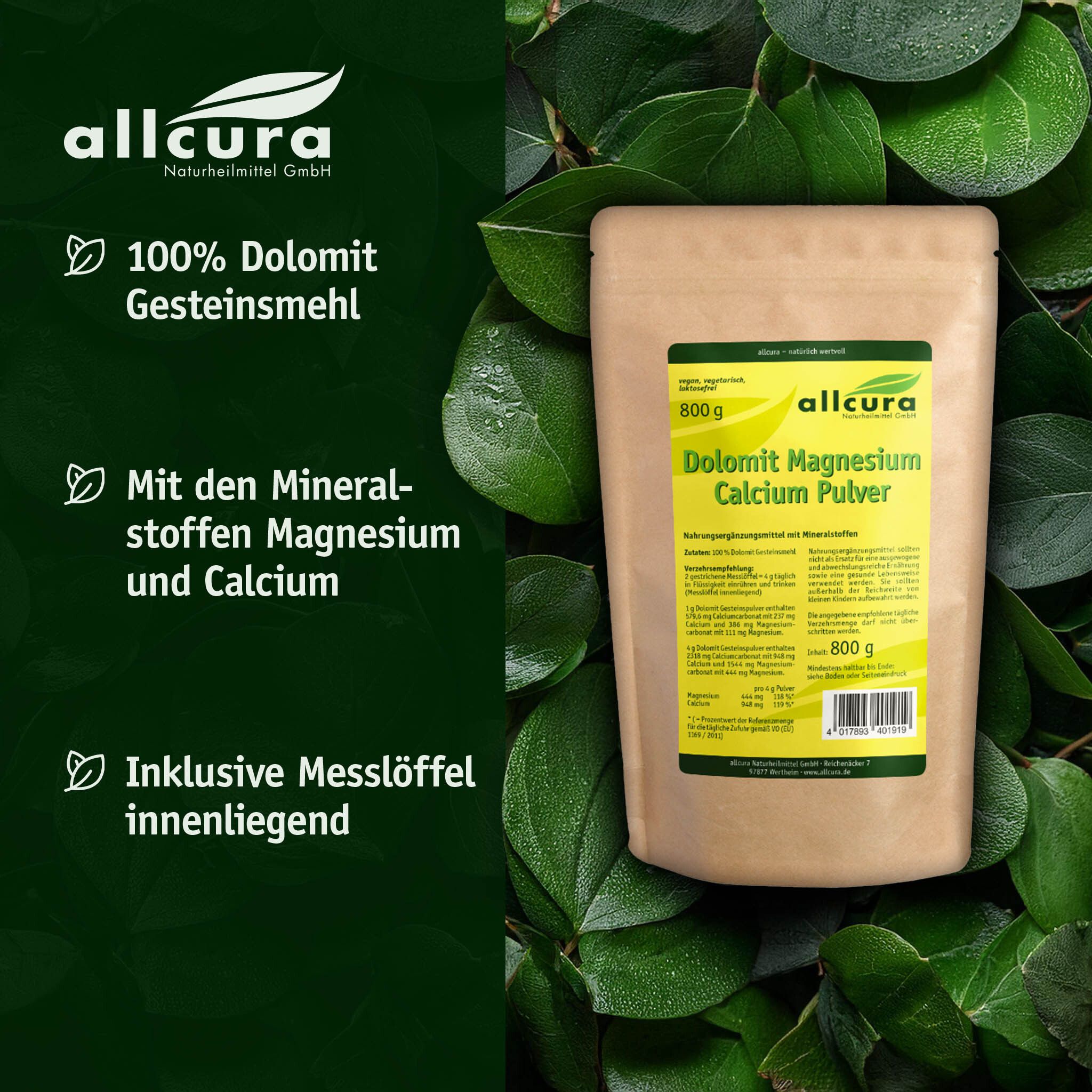 Sachet "allcura Dolomit Magnesium Calcium Pulver" devant des feuilles. Texte: 100% Dolomite, minéraux, cuillère. 800g.