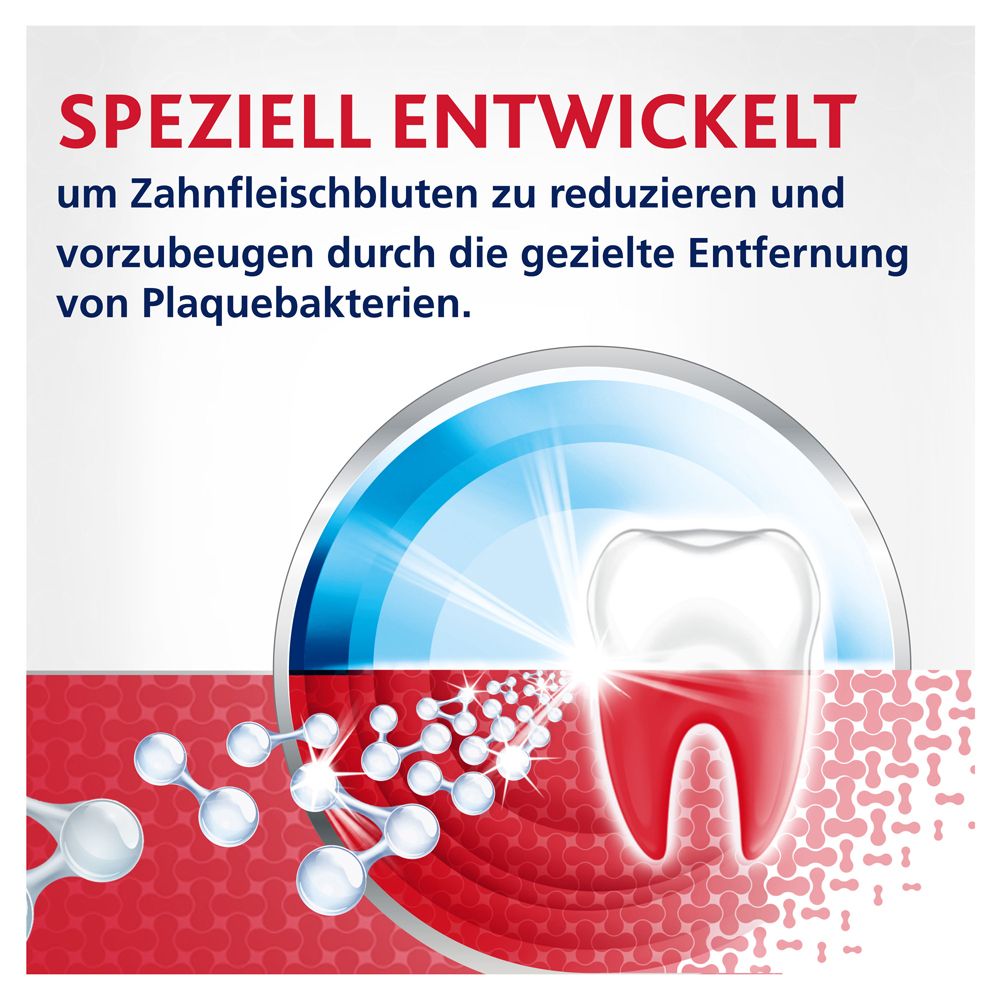 Grafik mit Zahn und Zahnfleisch. Text: Speziell entwickelt, um Zahnfleischbluten zu reduzieren.