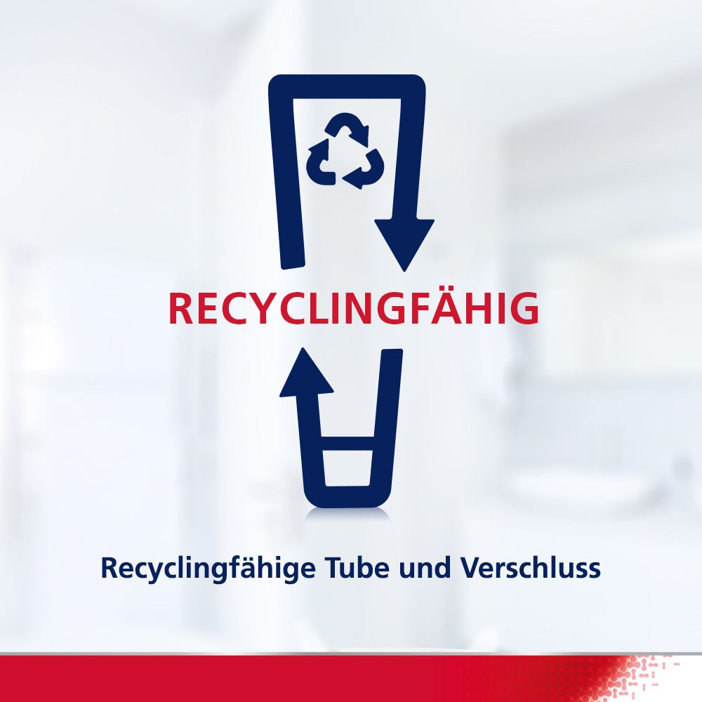 Recycling-Symbol. Text: Recyclingfähig. Recyclingfähige Tube und Verschluss.