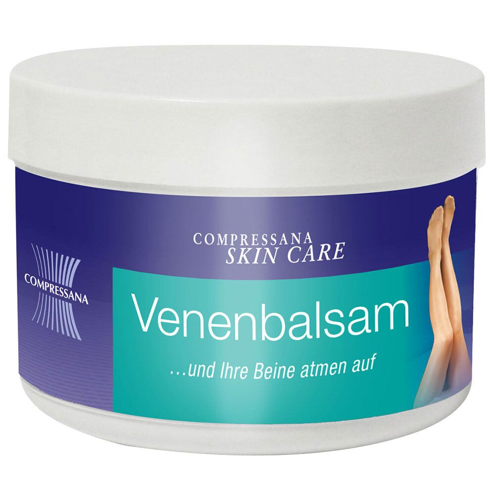 Pot blanc avec bande bleue. Inscription: Venenbalsam, Compressana. Illustration: jambes.