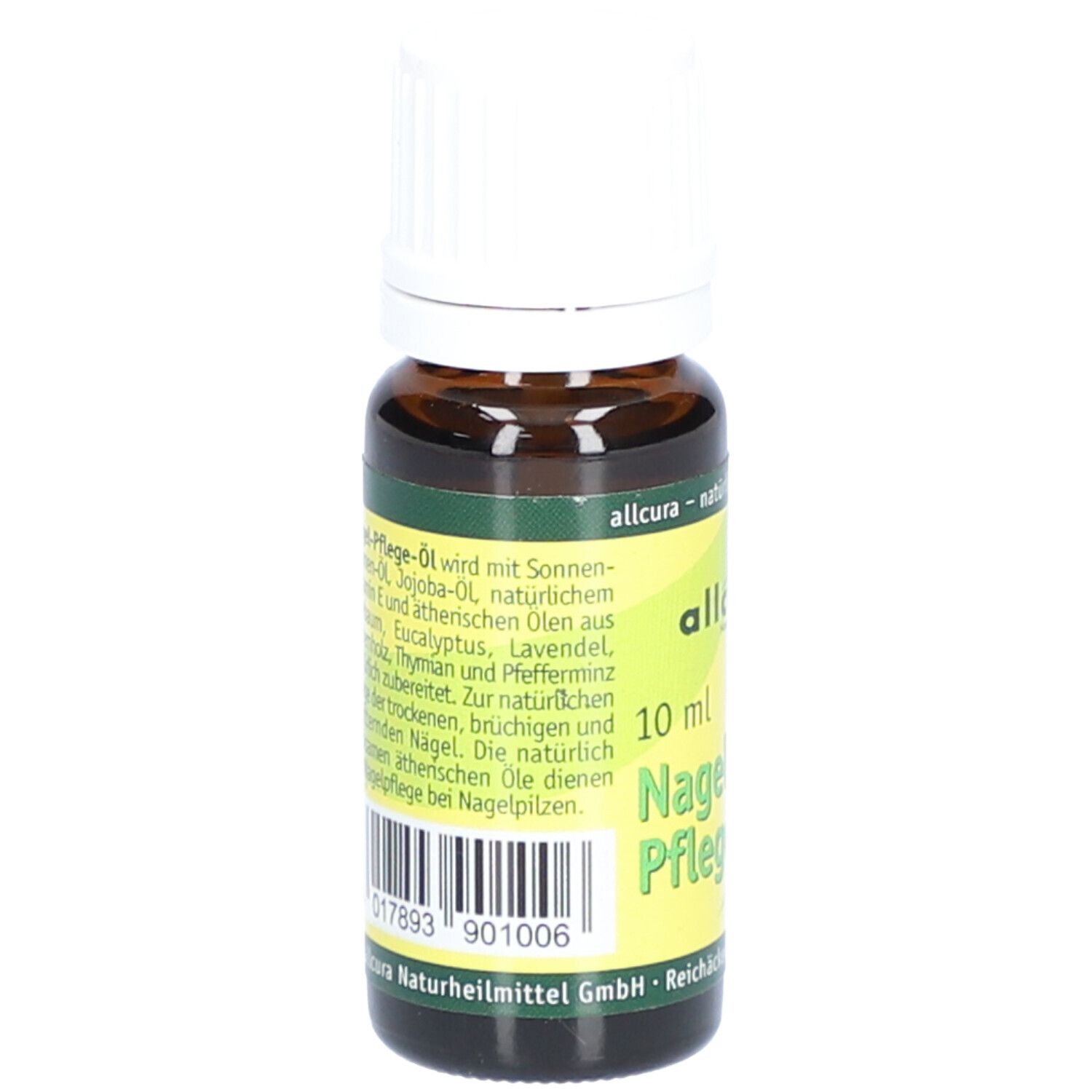 Braune Glasflasche mit weißem Deckel. Etikett mit Produktnamen und Inhaltsangaben. 10 ml.