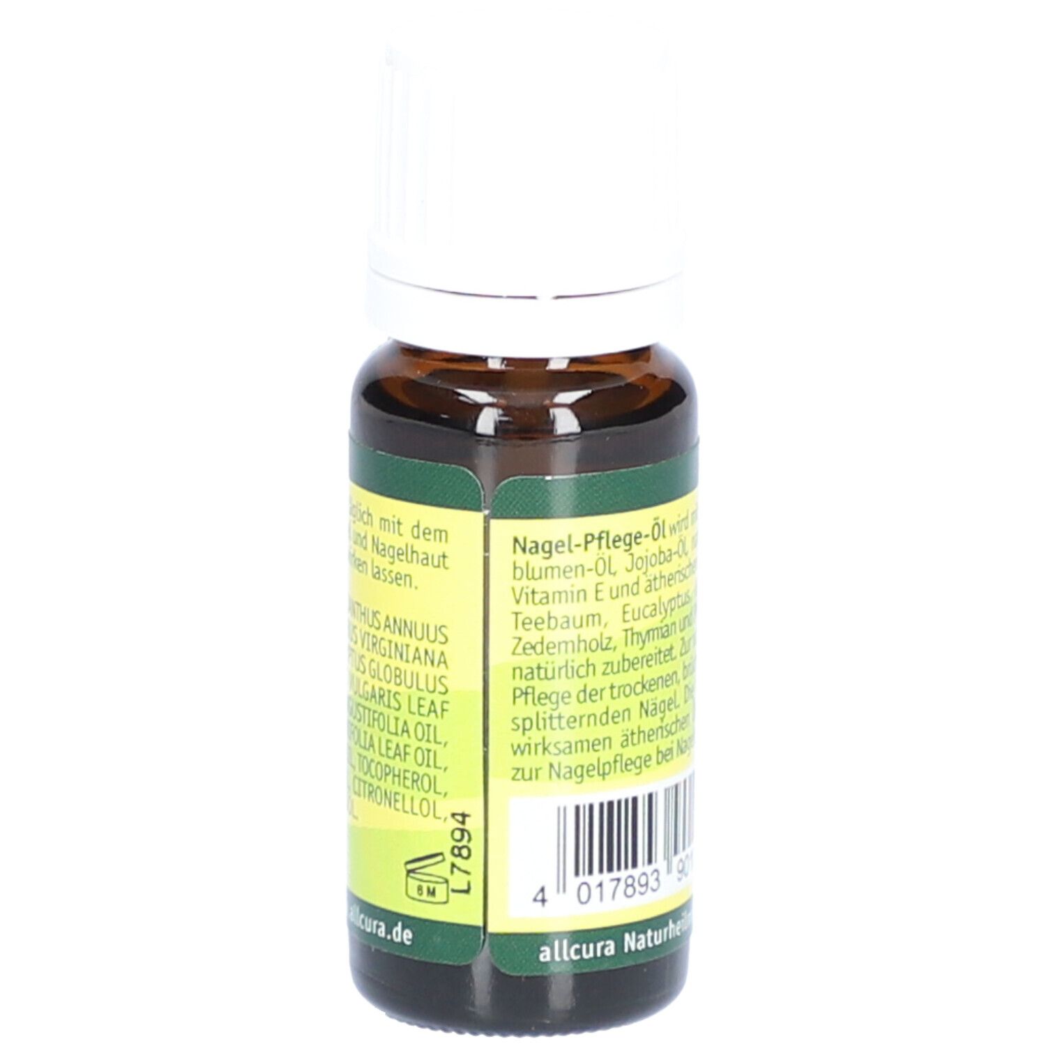 Braune Glasflasche mit weißem Deckel. Etikett mit Produktnamen und Inhaltsangaben. 10 ml.