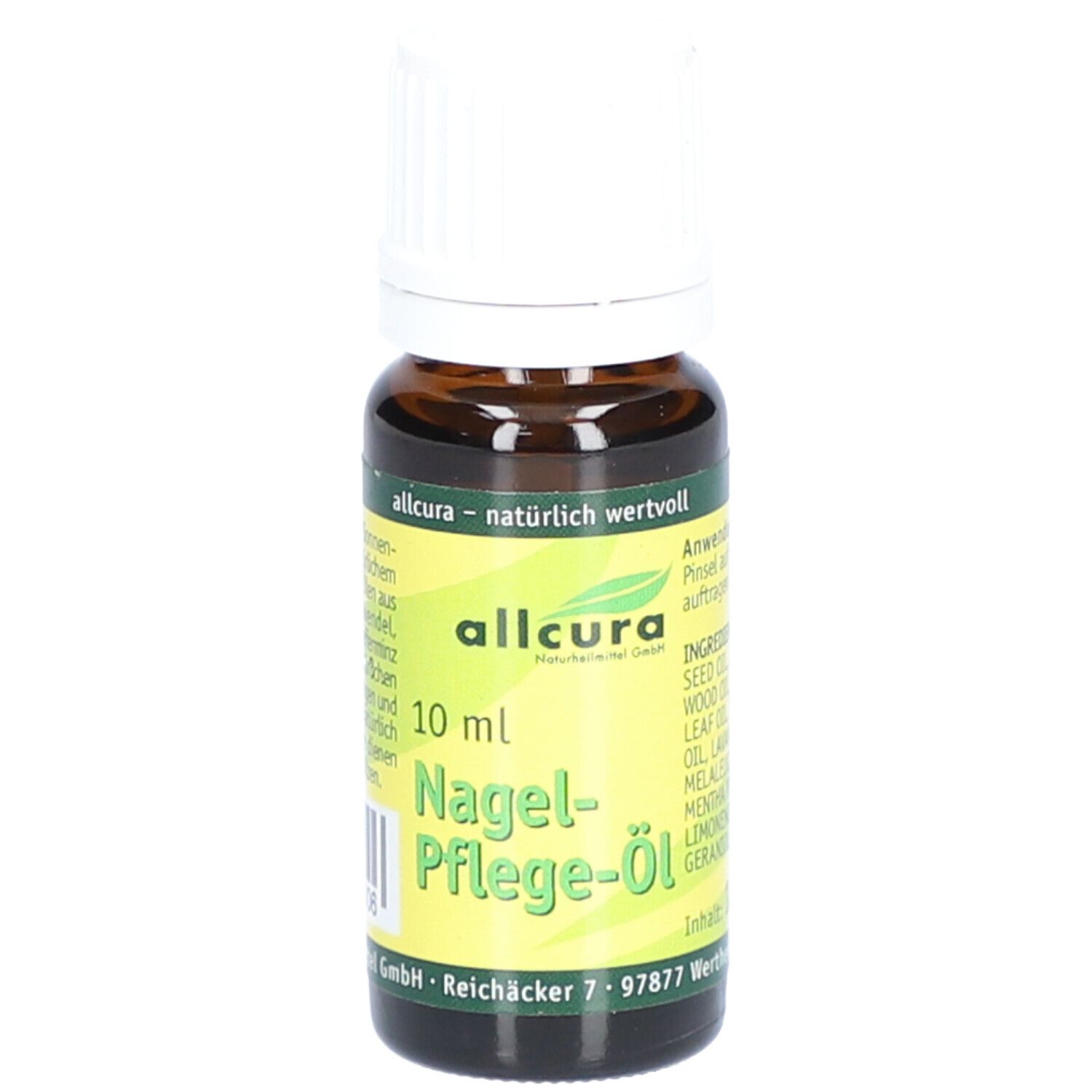 Braune Glasflasche mit weißem Deckel. Etikett mit Produktnamen und Inhaltsangaben. 10 ml.