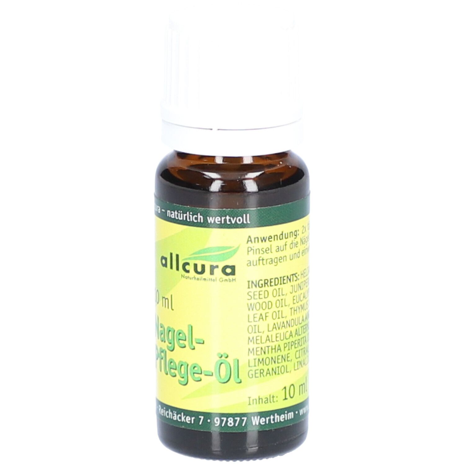 Braune Glasflasche mit weißem Deckel. Etikett mit Produktnamen und Inhaltsangaben. 10 ml.