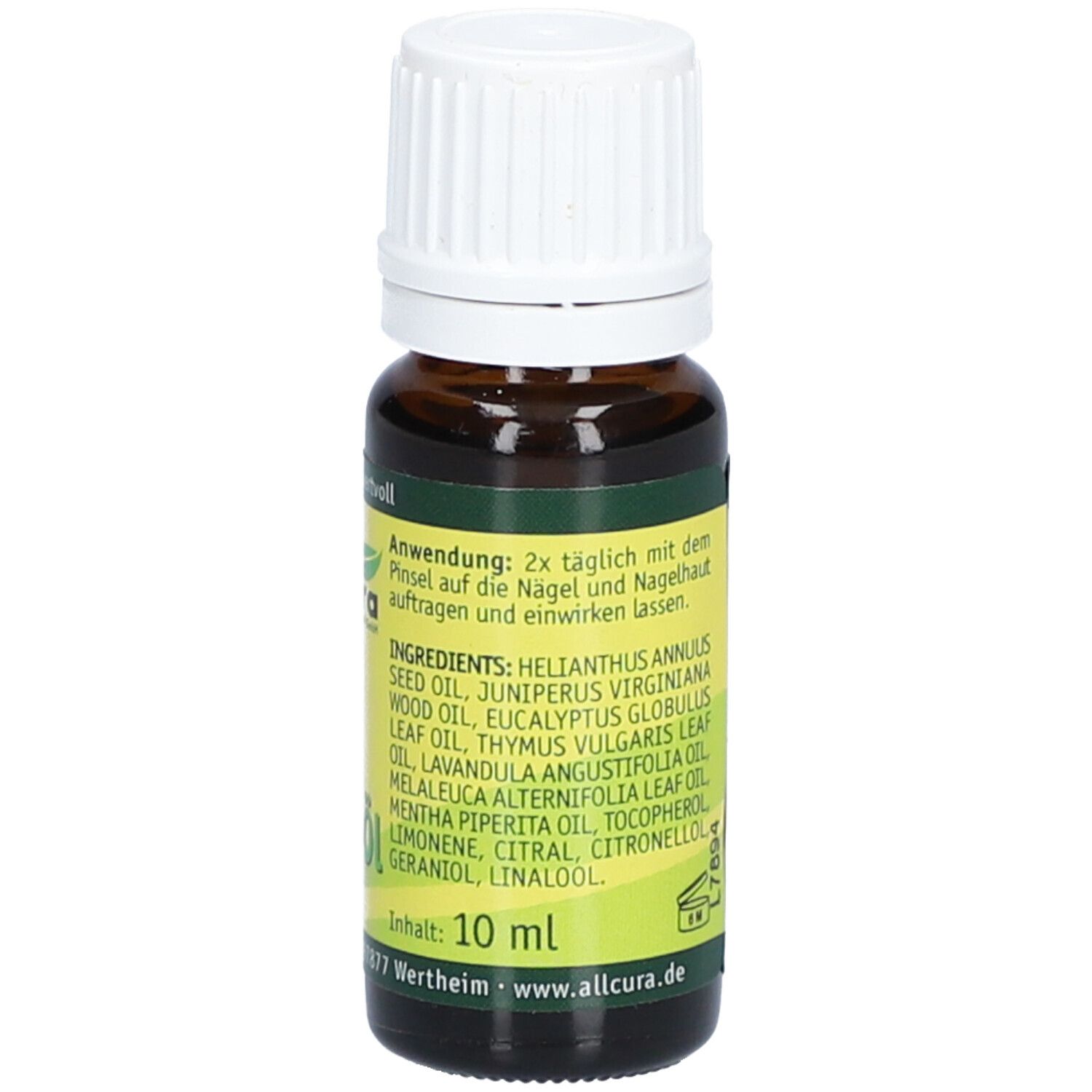 Braune Glasflasche mit weißem Deckel. Etikett mit Produktnamen und Inhaltsangaben. 10 ml.