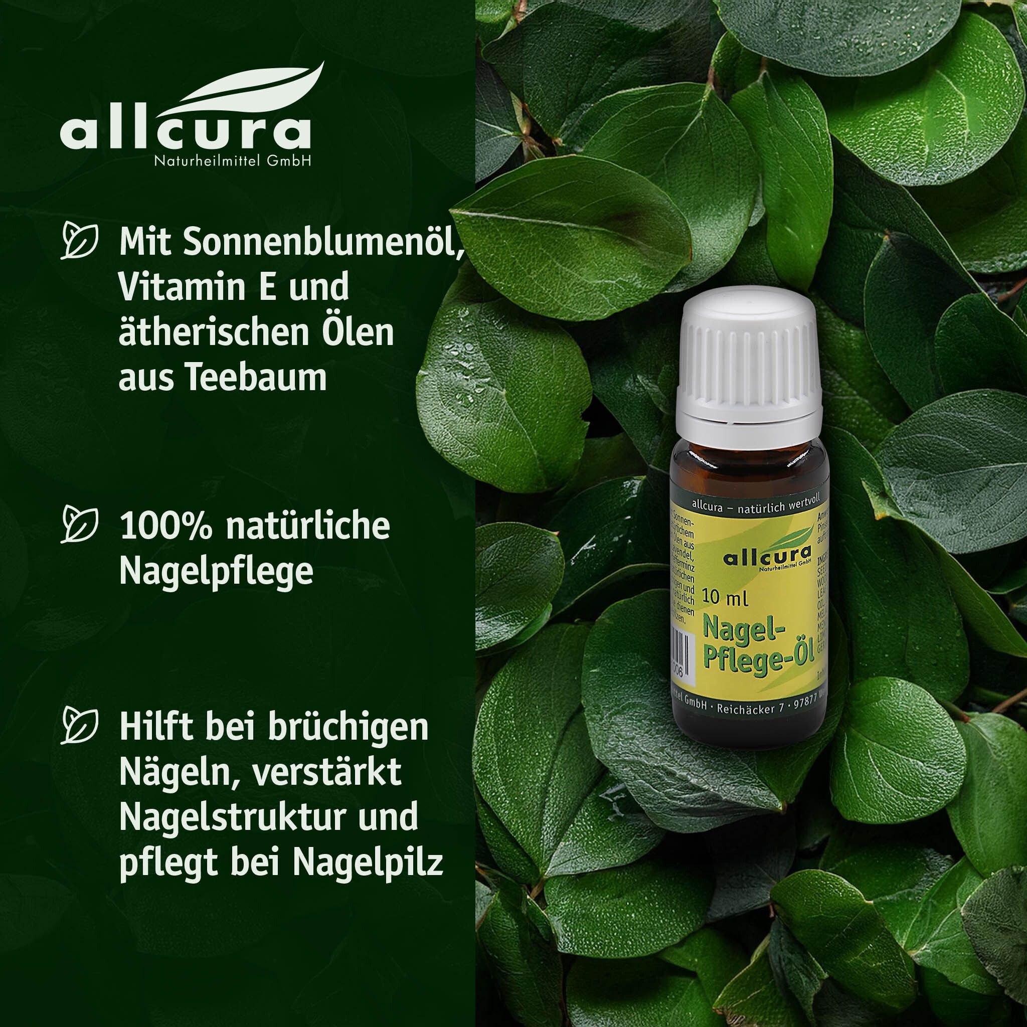 Flacon devant fond vert. Inscription: allcura Nagel-Pflege-Öl, 10 ml. Texte: 100% soin naturel des ongles.