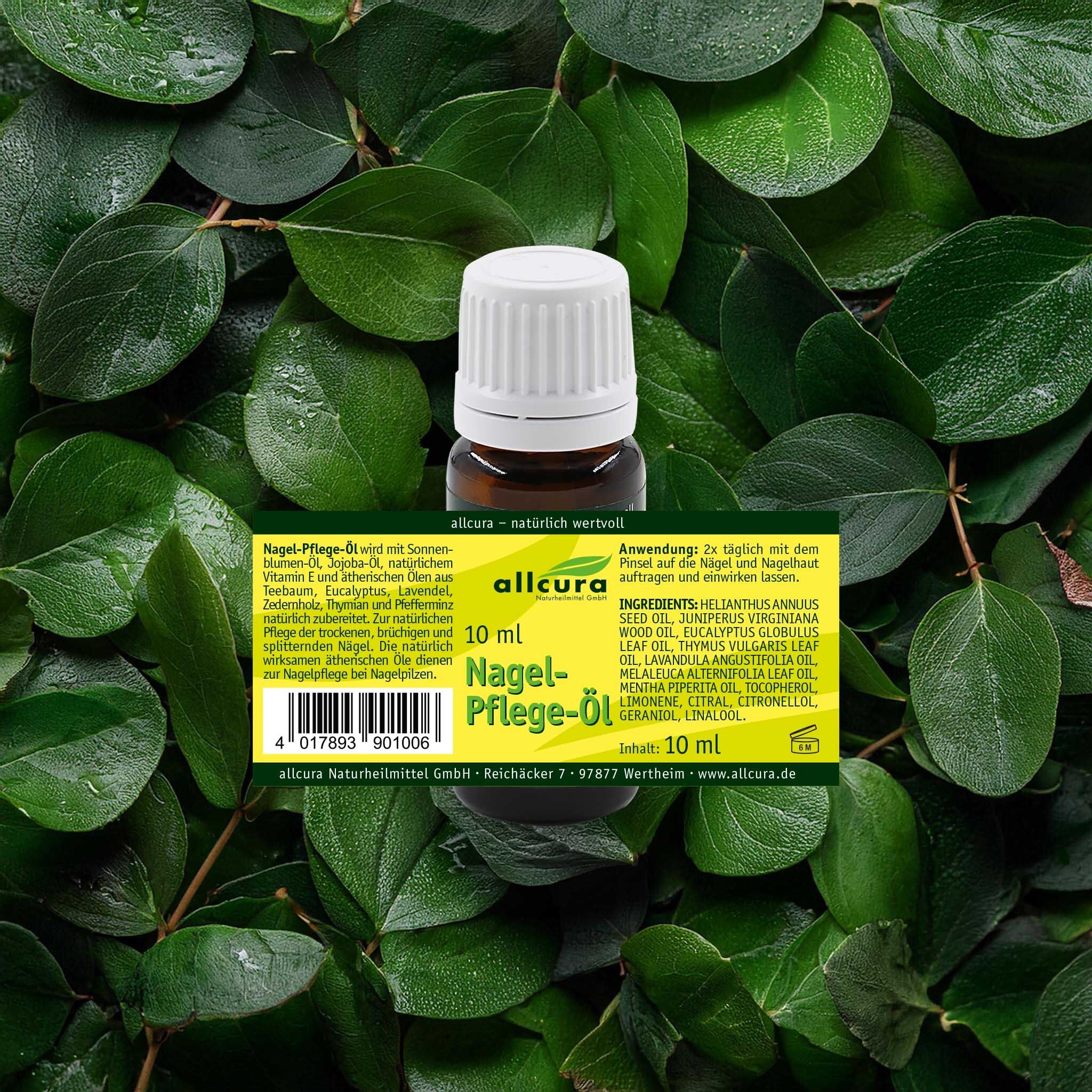 Flacon devant fond vert. Inscription: allcura Nagel-Pflege-Öl, 10 ml. Liste des ingrédients.