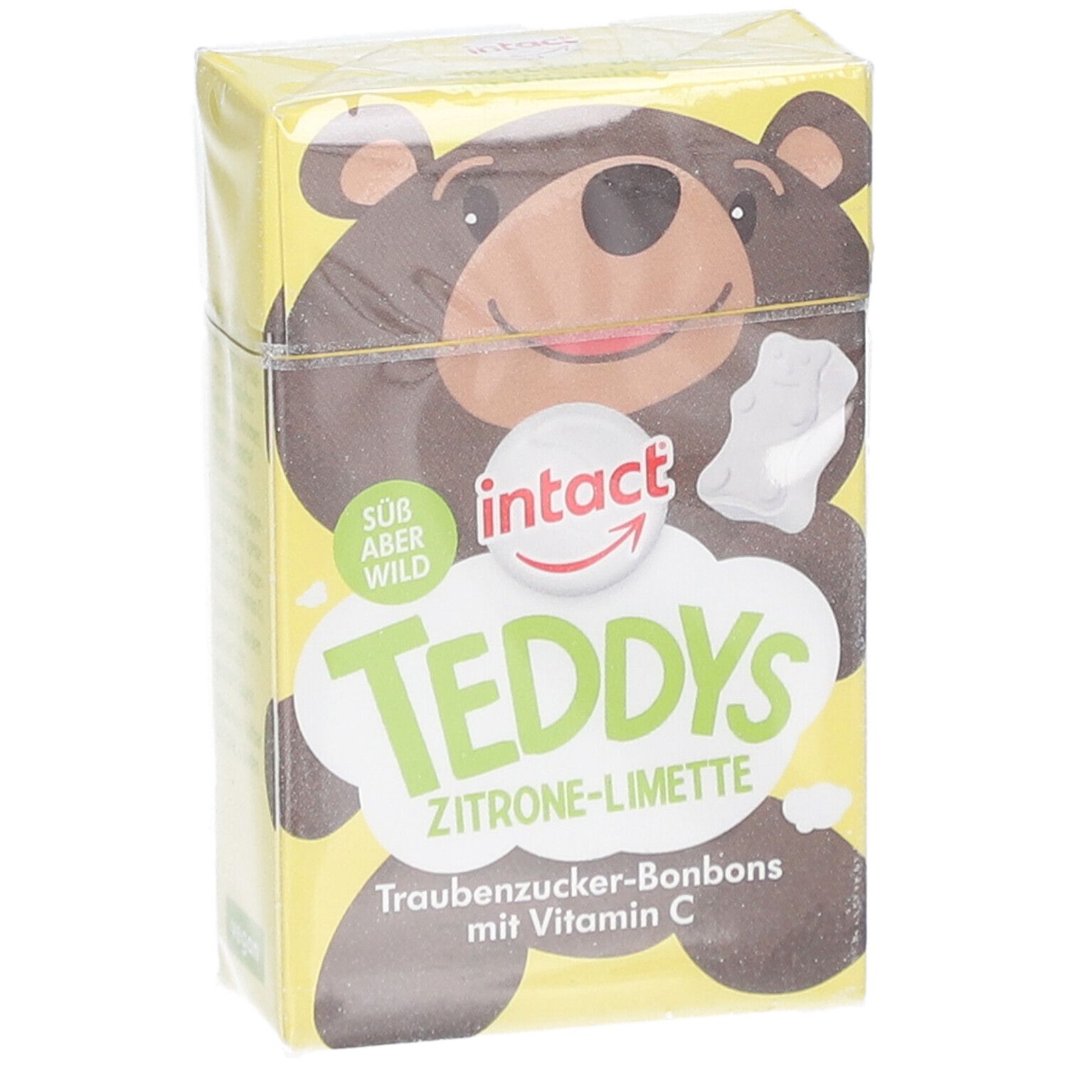 Teddys Zitrone-Limette Verpackung. Bär-Illustration, Produktname, gelber Hintergrund, transparente Folie.