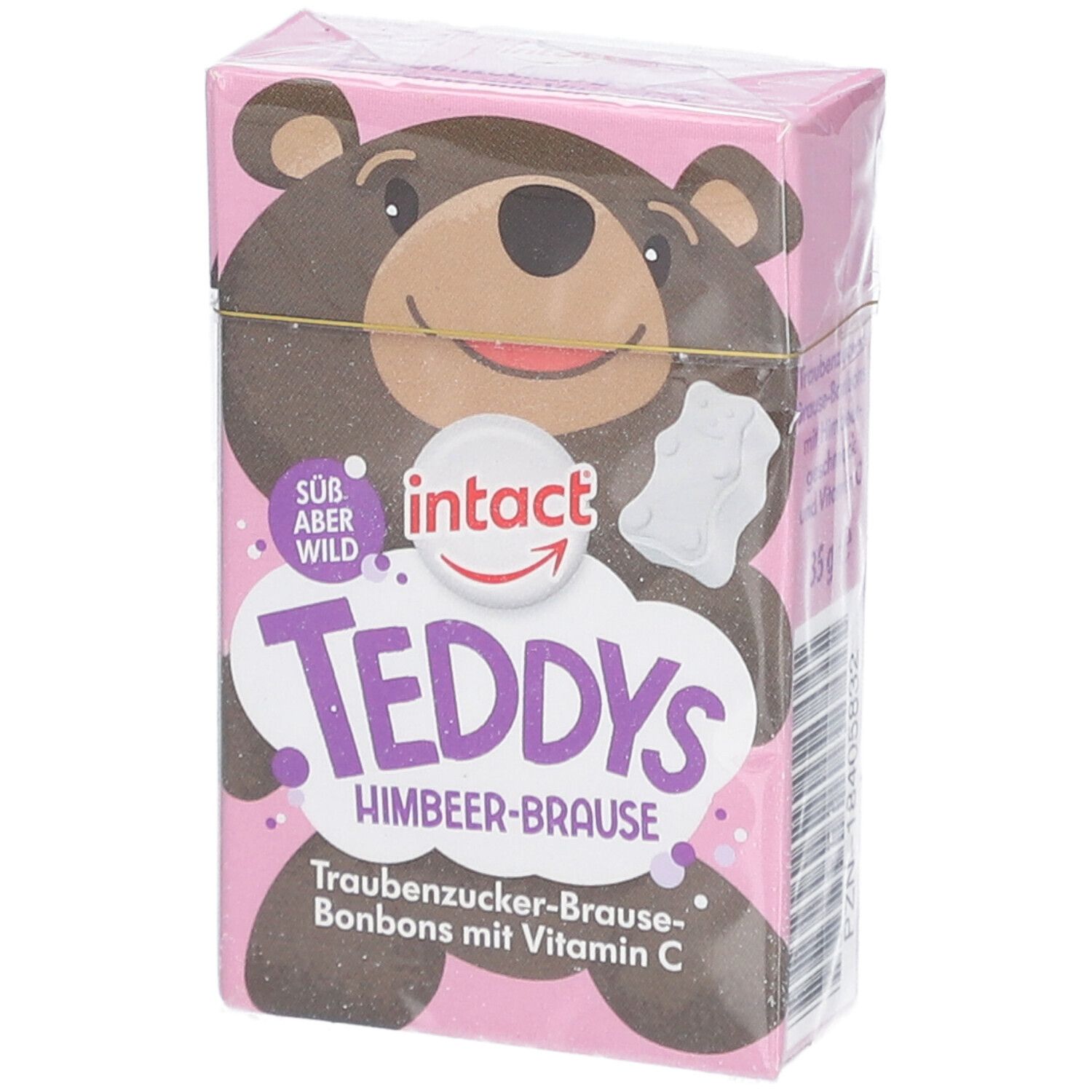 Rosa Verpackung mit Teddy-Bär-Illustration. Text: Teddys Himbeer-Brause, Traubenzucker-Bonbons mit Vitamin C. Marke: intact.