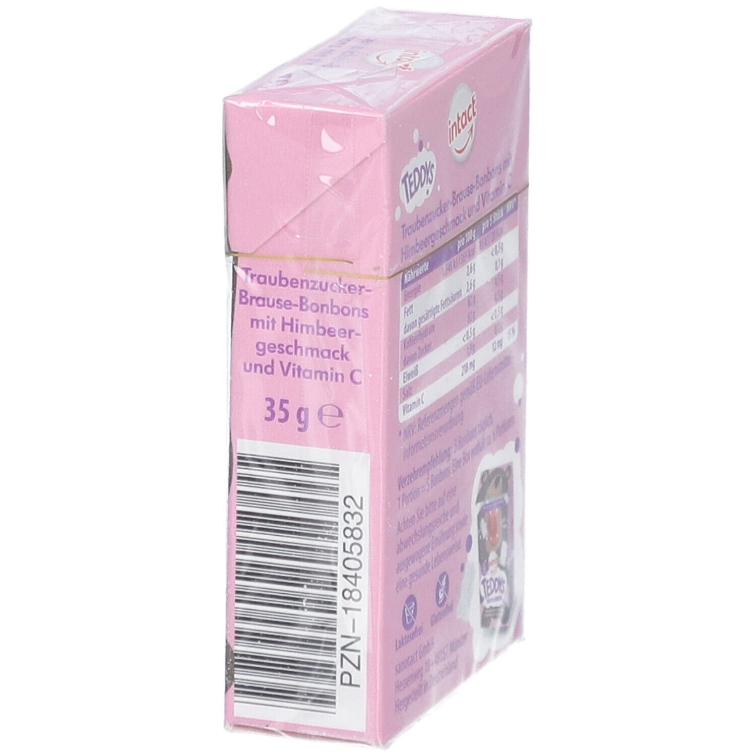 Rosa Verpackung, Seitenansicht. Text: Teddys Himbeer-Brause, 35 g, Barcode, PZN-18405832. Marke: intact.