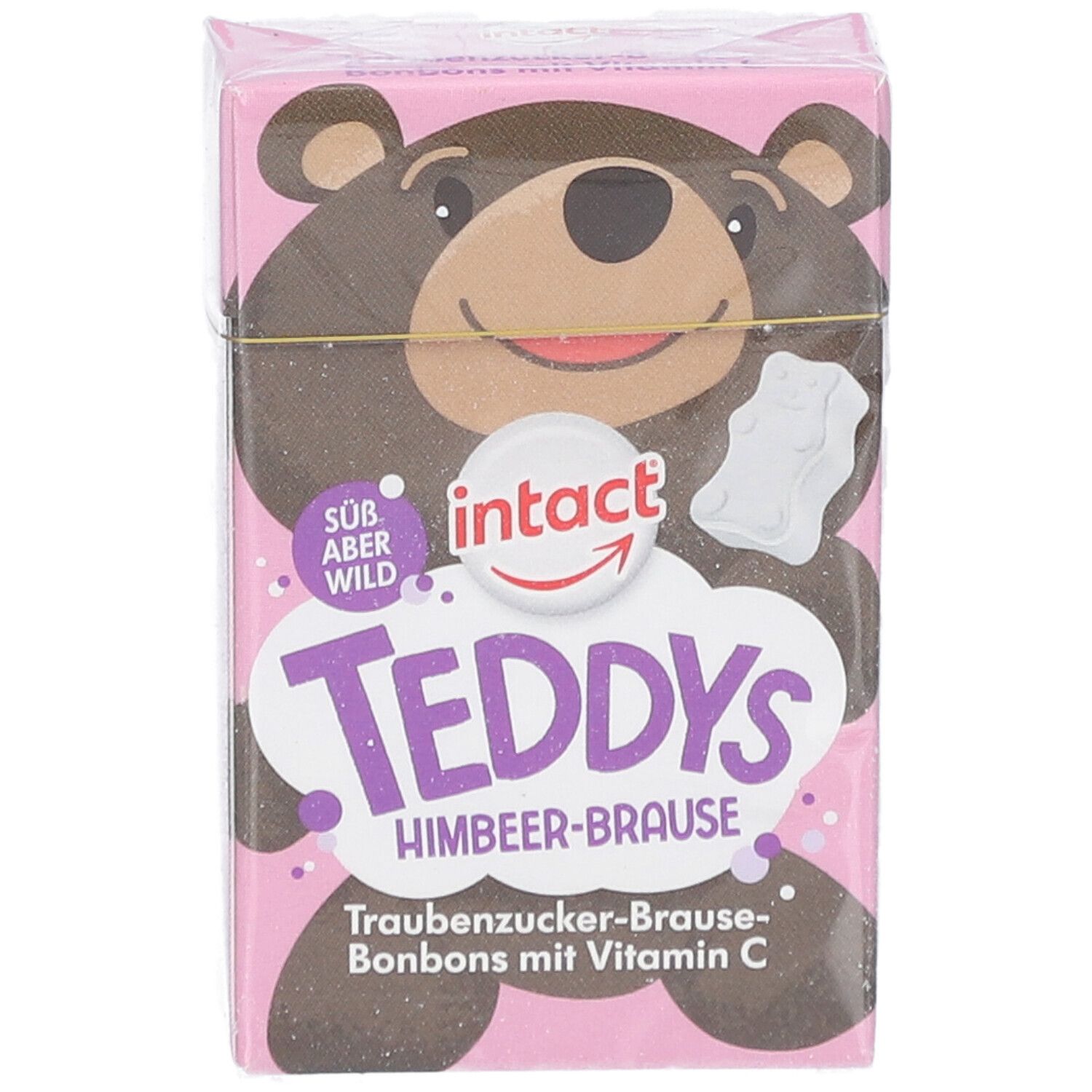 Rosa Verpackung mit Teddy-Bär-Illustration. Text: Teddys Himbeer-Brause, Traubenzucker-Bonbons mit Vitamin C. Marke: intact.