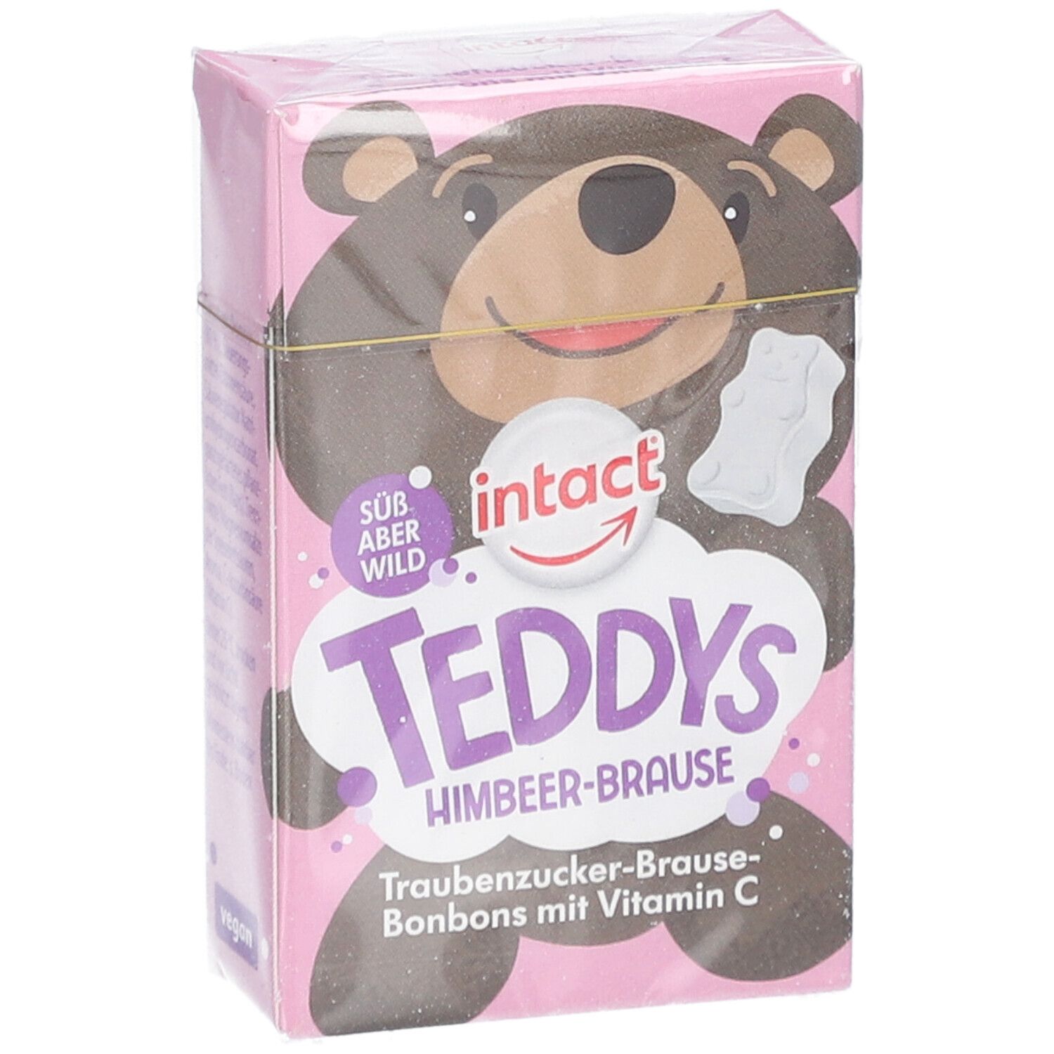 Rosa Verpackung mit Teddy-Bär-Illustration. Text: Teddys Himbeer-Brause, Traubenzucker-Bonbons mit Vitamin C. Marke: intact.
