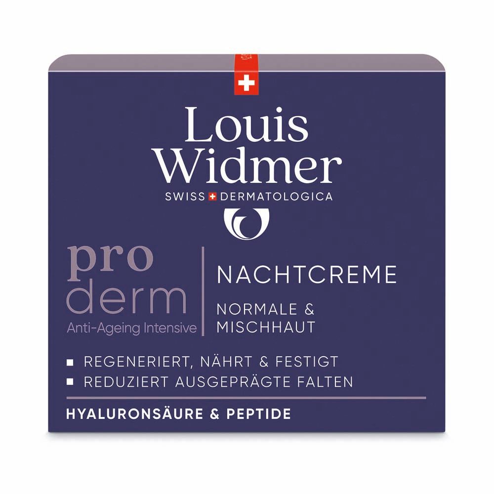 Dunkelblaue Faltschachtel mit Aufschrift: Louis Widmer Nachtcreme. Für normale und Mischhaut. Enthält Hyaluronsäure & Peptide.