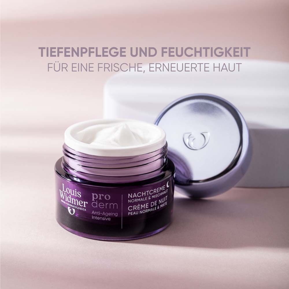 Tiegel mit Creme und Deckel. Text: Tiefenpflege und Feuchtigkeit für eine frische, erneuerte Haut. Nachtcreme.