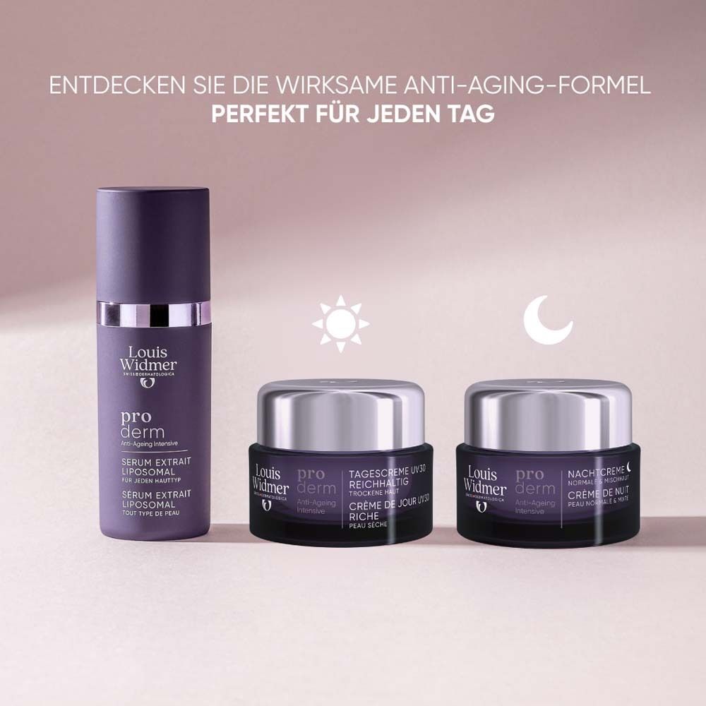 Drei Produkte: Serum, Tagescreme, Nachtcreme. Text: Entdecken Sie die wirksame Anti-Aging-Formel. Perfekt für jeden Tag.