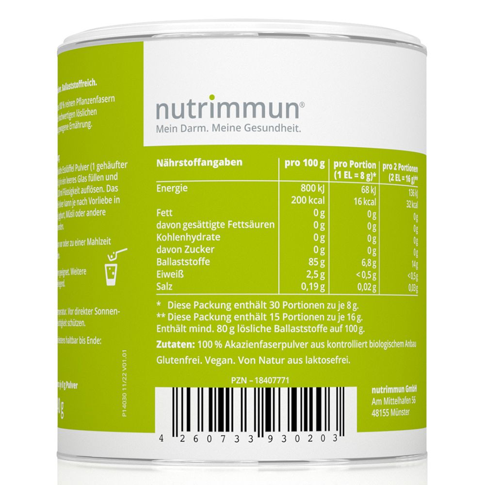 Detailansicht der Nährwertangaben auf der Dose. Angaben pro 100g und pro Portion. Enthält Akazienfaser.