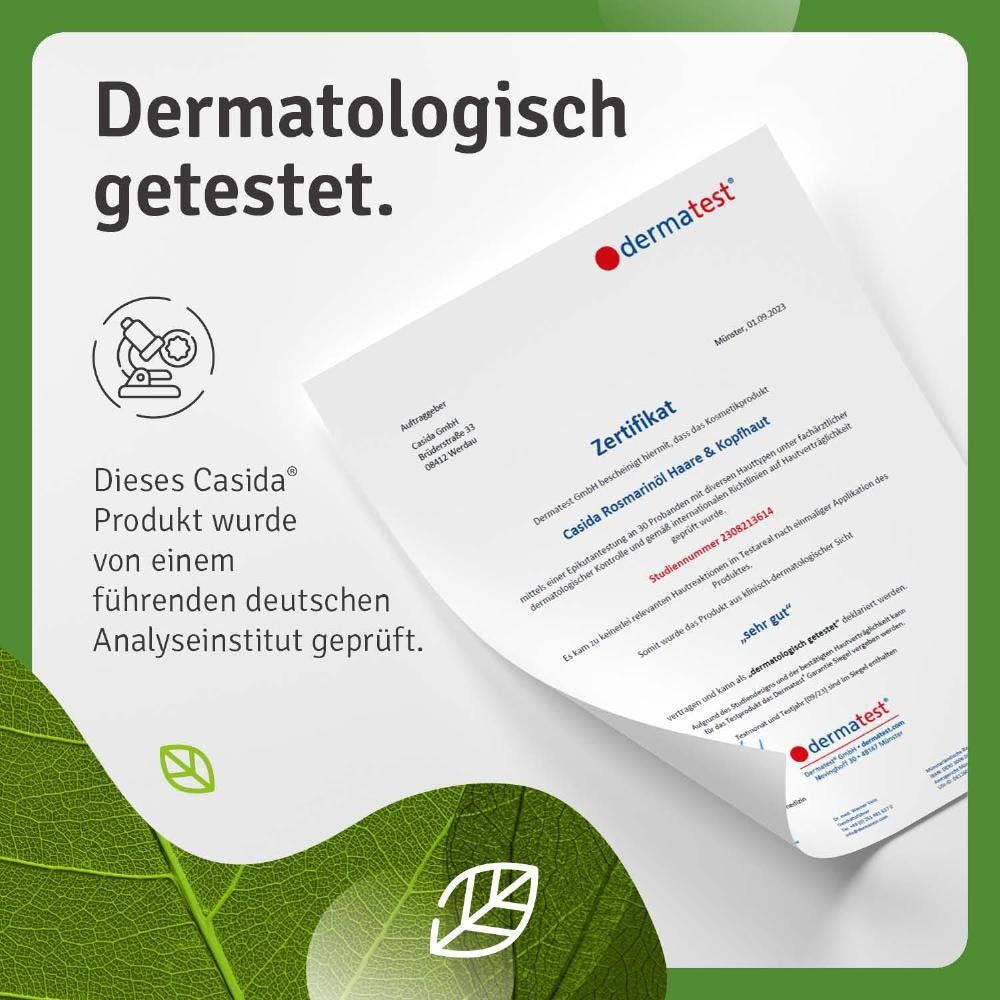 Certificat de Dermatest. Le produit a été testé par un institut d'analyse allemand. Certificat pour Casida Rosmarinöl Haare & Kopfhaut.