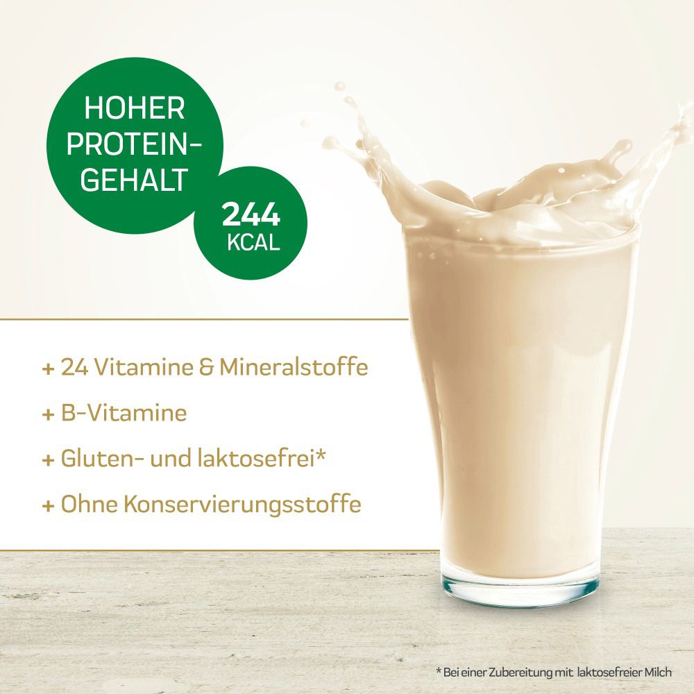 Glas mit Shake, Spritzer. Text: Hoher Proteingehalt, 244 kcal, 24 Vitamine & Mineralstoffe, glutenfrei.