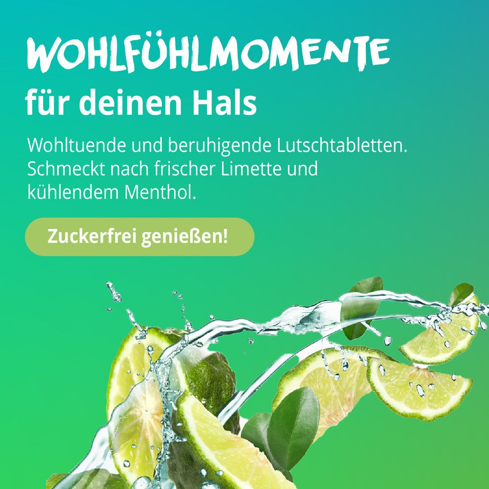Limetten und Wasser. Text: WOHLFÜHLMOMENTE für deinen Hals. Zuckerfrei genießen!