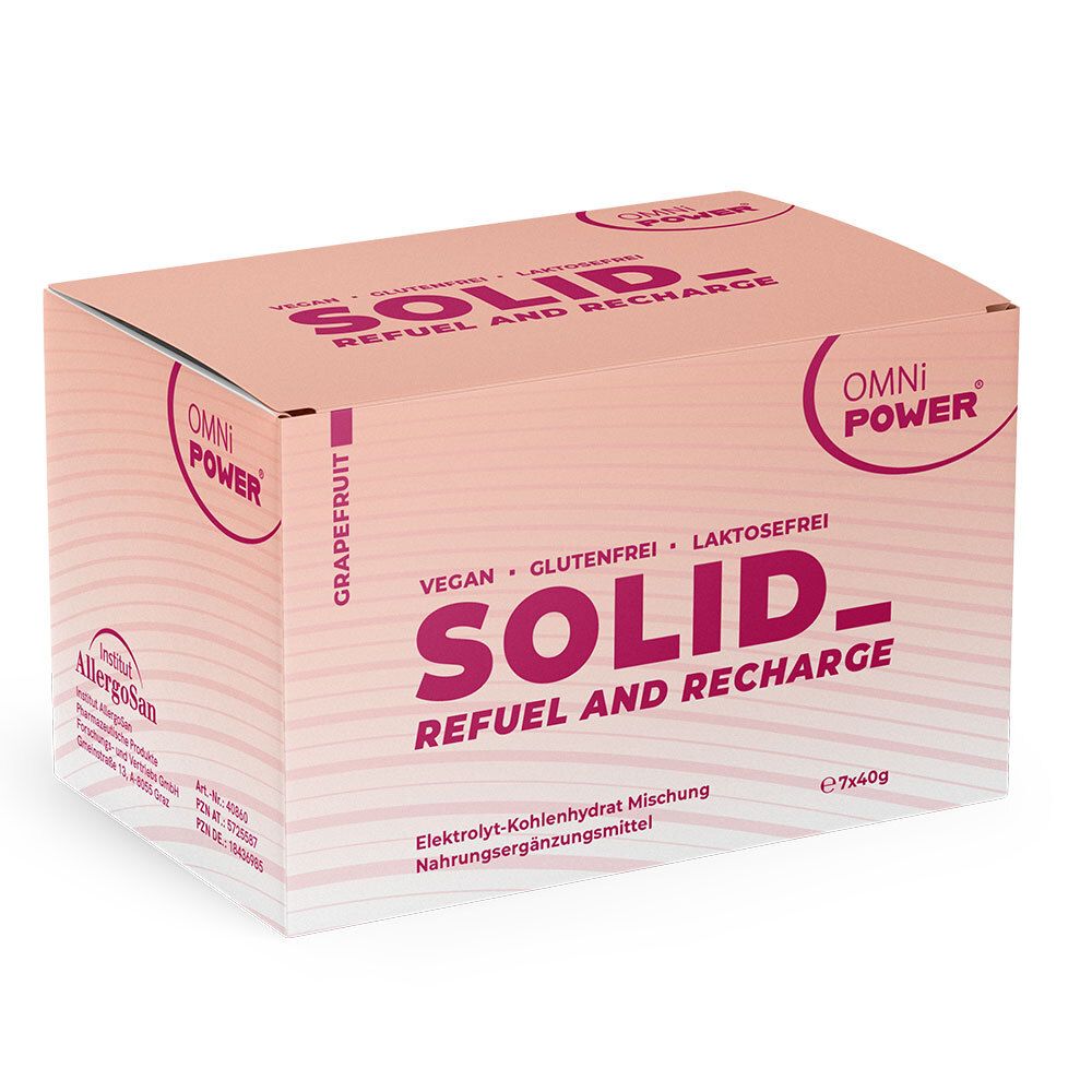 OMNiPOWER® SOLID-Box. Rosa, rechteckig. Aufschrift: SOLID, REFUEL AND RECHARGE, Vegan, Glutenfrei, Laktosefrei. 7x40g.