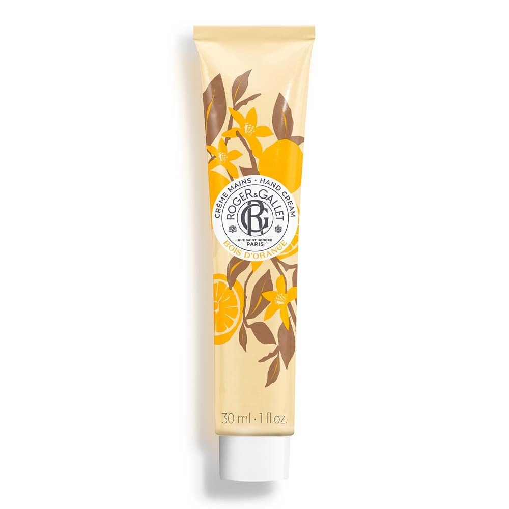 Creme-Tube mit floralem Design und Schriftzug. Enthält ROGER&GALLET, Bois d'Orange und Hand Cream. 30 ml.
