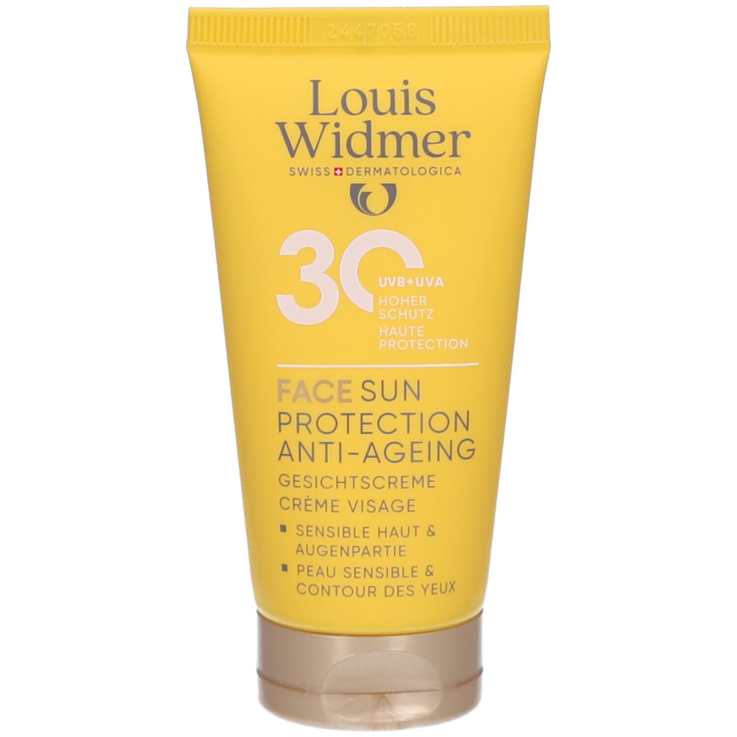 Tube jaune Louis Widmer Face Sun Protection 30. Crème visage anti-âge, UV+UVA, haute protection. Peau sensible et contour des yeux.
