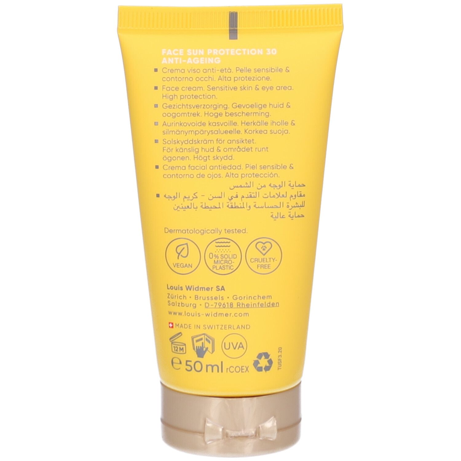 Dos du tube jaune Louis Widmer Face Sun Protection 30. Crème viso anti-âge, haute protection, vegan, 0% microplastique.