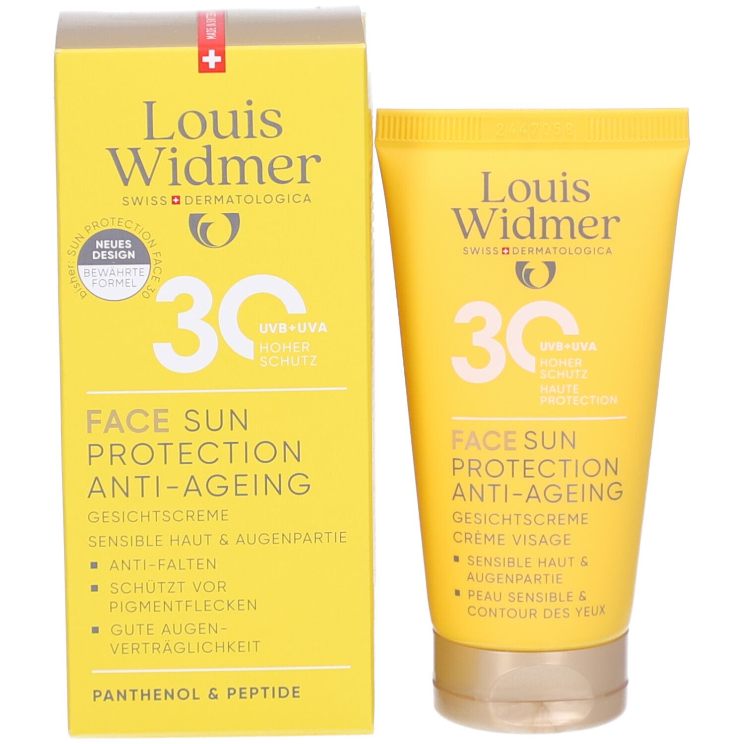 Boîte et tube jaunes Louis Widmer Face Sun Protection 30. Crème visage anti-âge, UV+UVA, haute protection. Anti-rides.