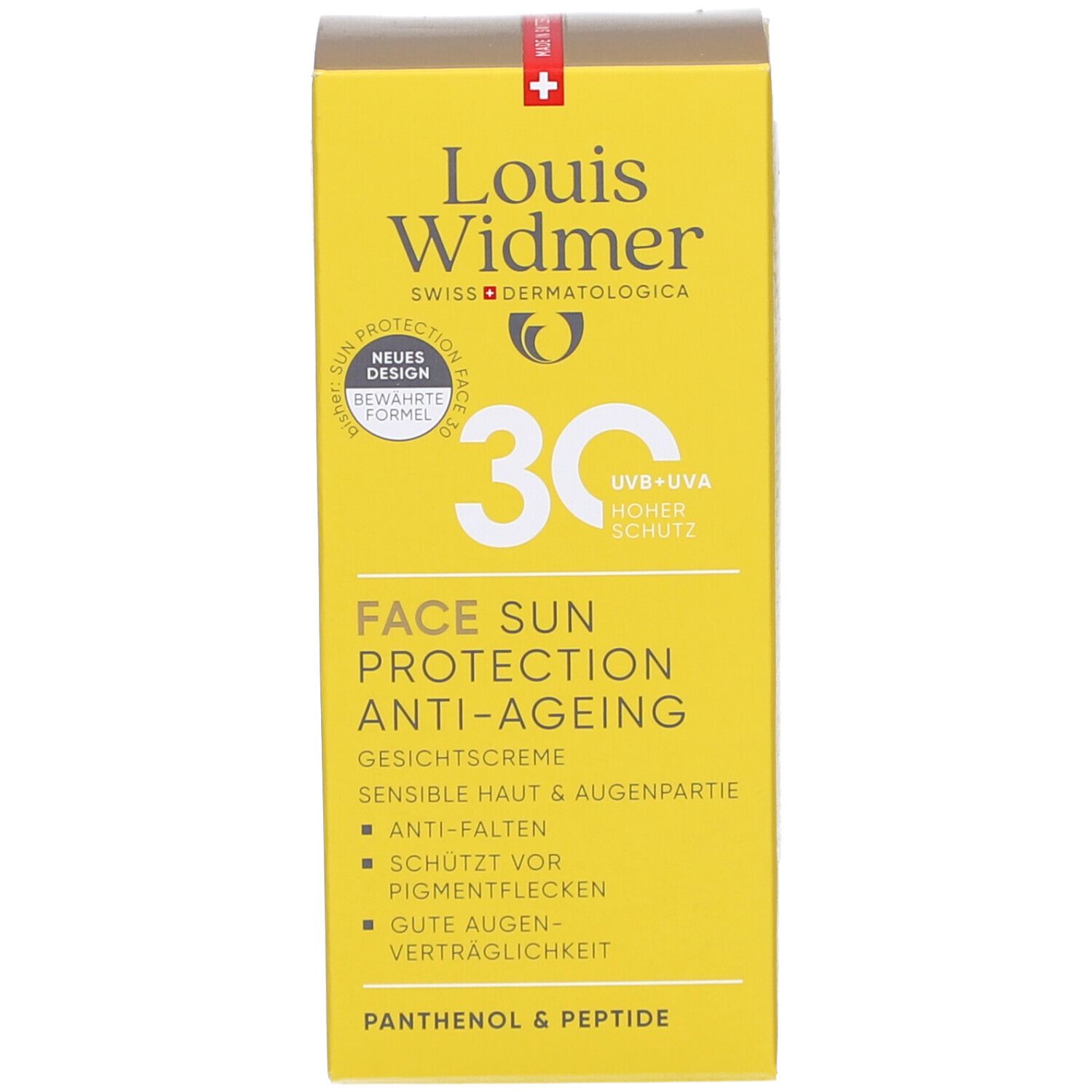 Boîte jaune Louis Widmer Face Sun Protection 30. Crème visage anti-âge, UV+UVA, haute protection. Anti-rides, Panthénol & peptides.