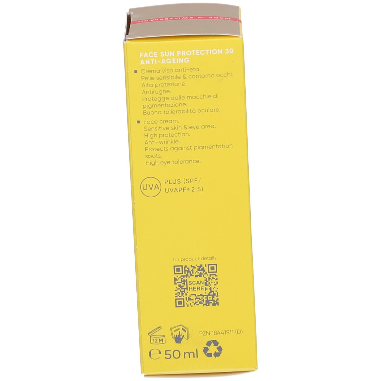 Côté de la boîte jaune Louis Widmer Face Sun Protection 30. Crème viso anti-âge, haute protection, 50 ml, scanner le QR code.