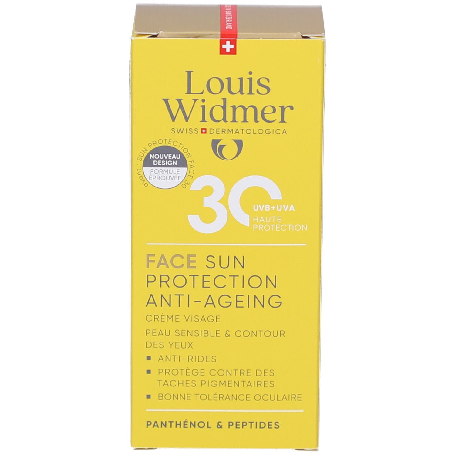 Boîte jaune Louis Widmer Face Sun Protection 30. Crème visage, peau sensible & contour des yeux, anti-rides, bonne tolérance oculaire.