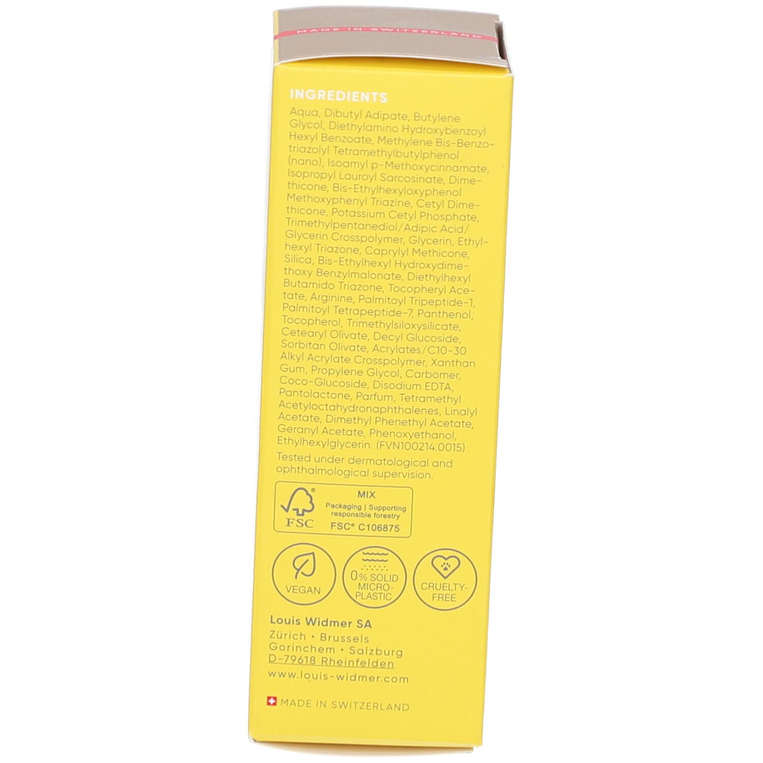 Dos de la boîte jaune Louis Widmer Face Sun Protection 30. Ingrédients, vegan, 0% plastique, Cruelty Free, FSC.