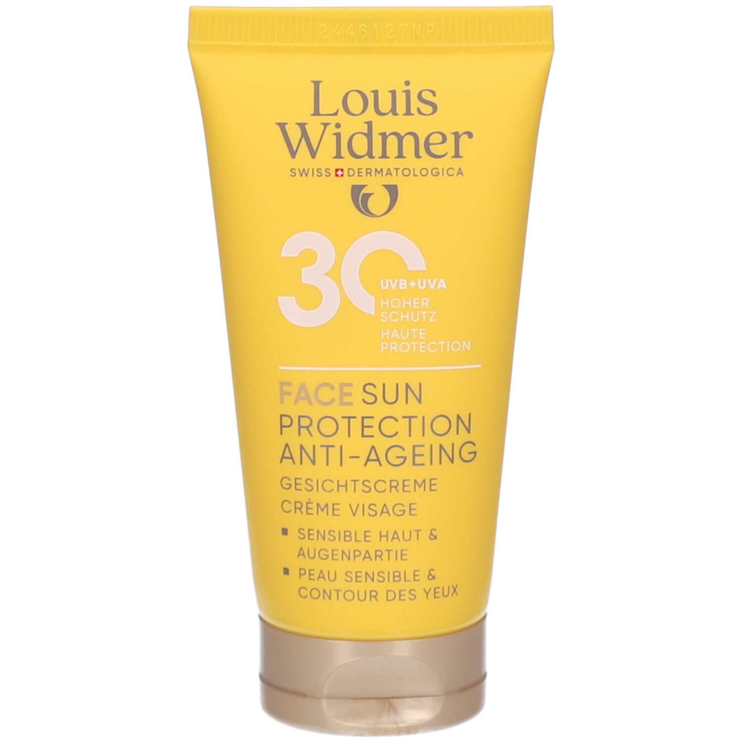 Tube jaune avec impression du produit. Inscription : Louis Widmer, 30, Face Sun Protection Anti-Ageing. Crème visage, contour des yeux.
