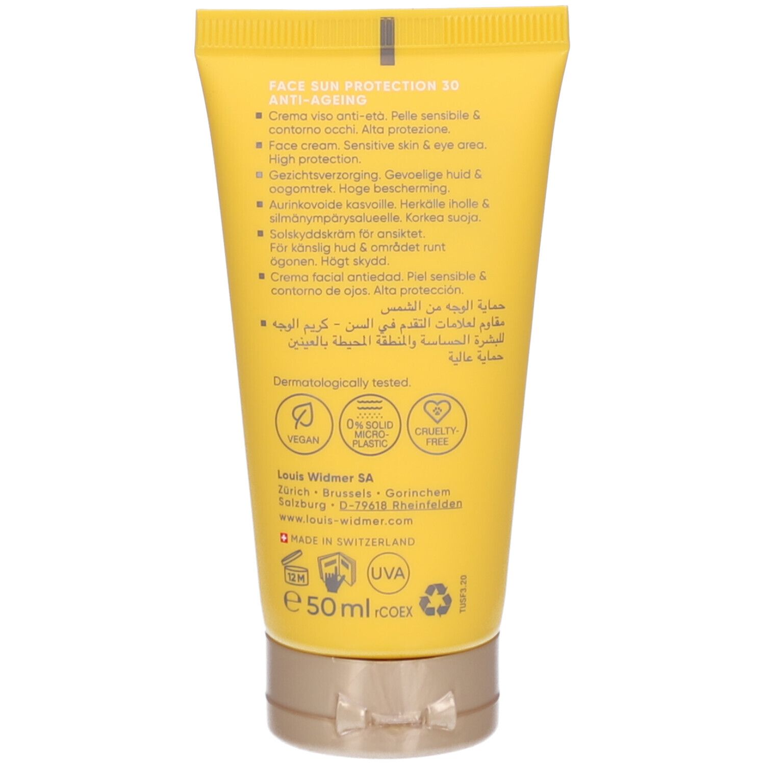 Dos du tube jaune. Informations sur le produit, ingrédients, logo, origine Suisse, 50ml, Vegan, 0% microplastique, Cruelty Free.