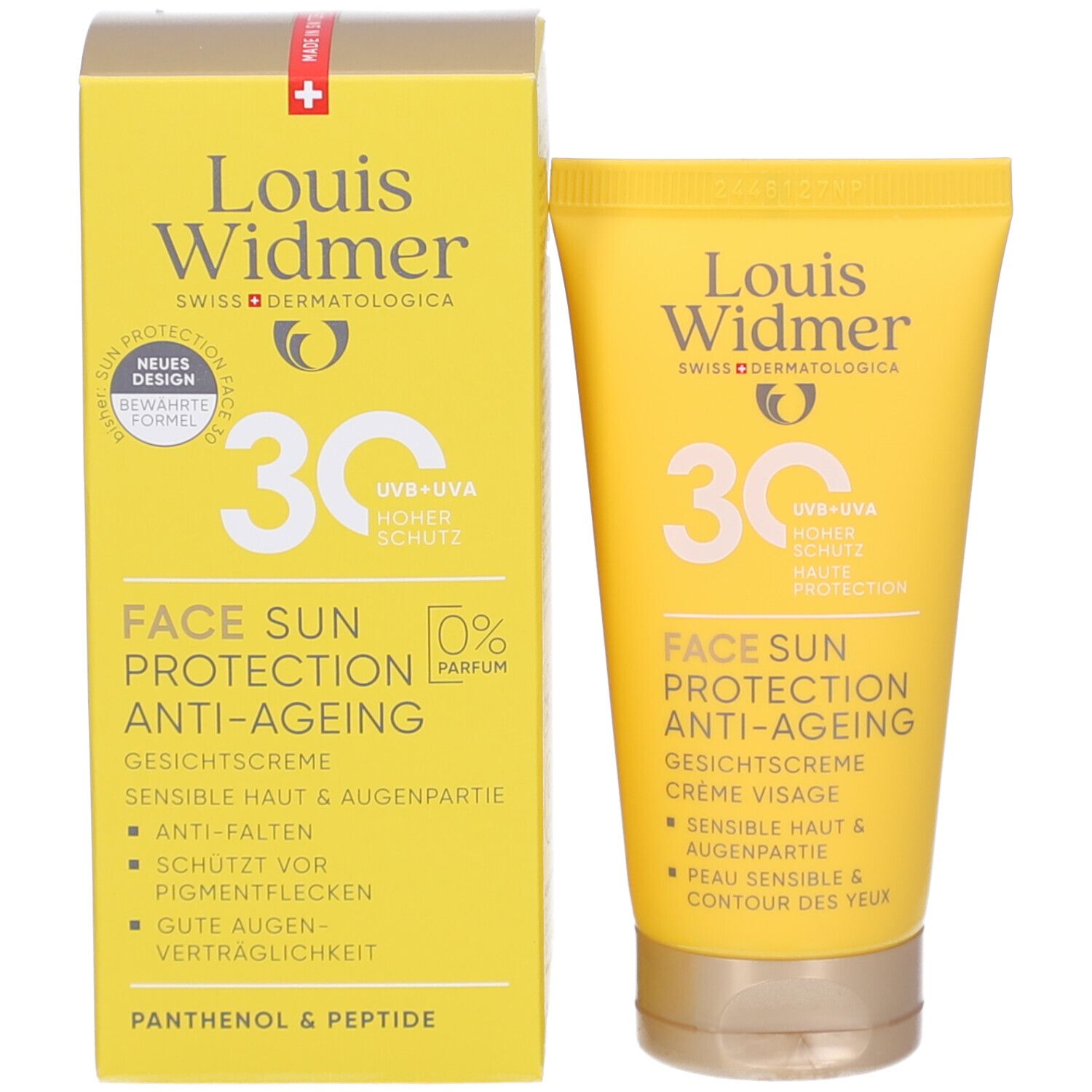 Emballage jaune avec tube. Inscription : Louis Widmer, 30, Face Sun Protection Anti-Ageing. Crème visage, contour des yeux. 0% Parfum.