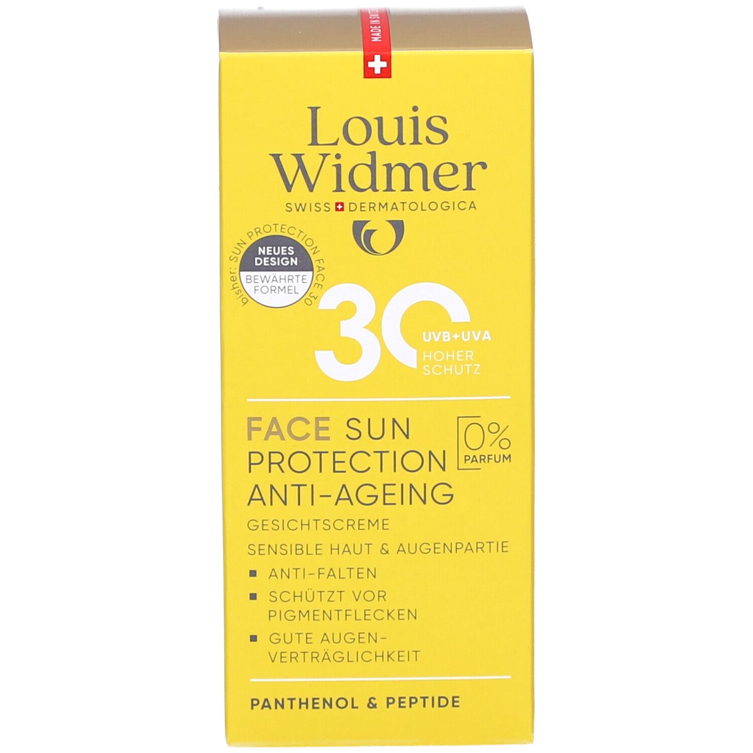 Emballage jaune. Inscription : Louis Widmer, 30, Face Sun Protection Anti-Ageing. Crème visage, contour des yeux. 0% Parfum.