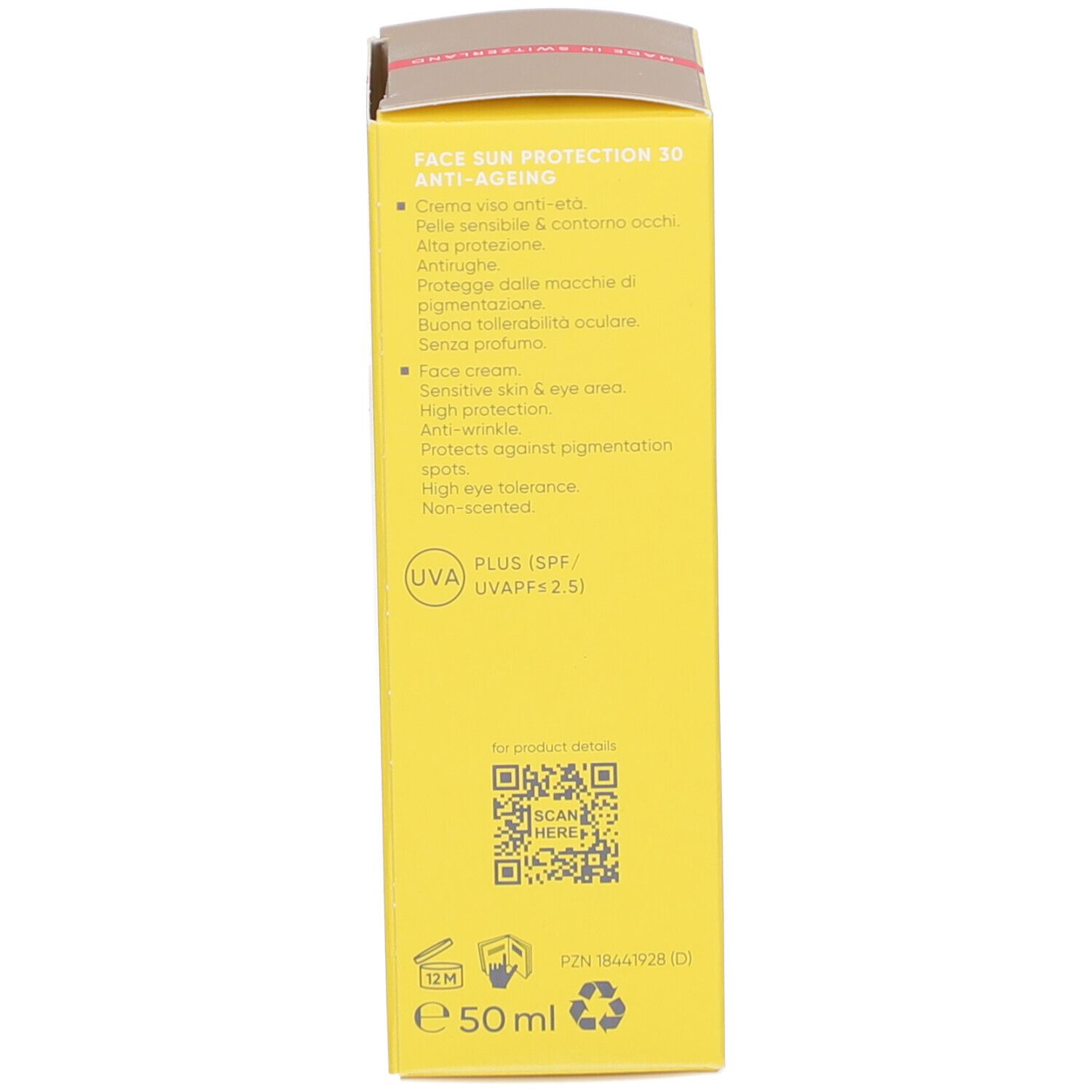 Dos de l'emballage jaune. Informations produit, 50ml, QR code, Vegan, 0% microplastique, Cruelty Free, UVA/UVB.