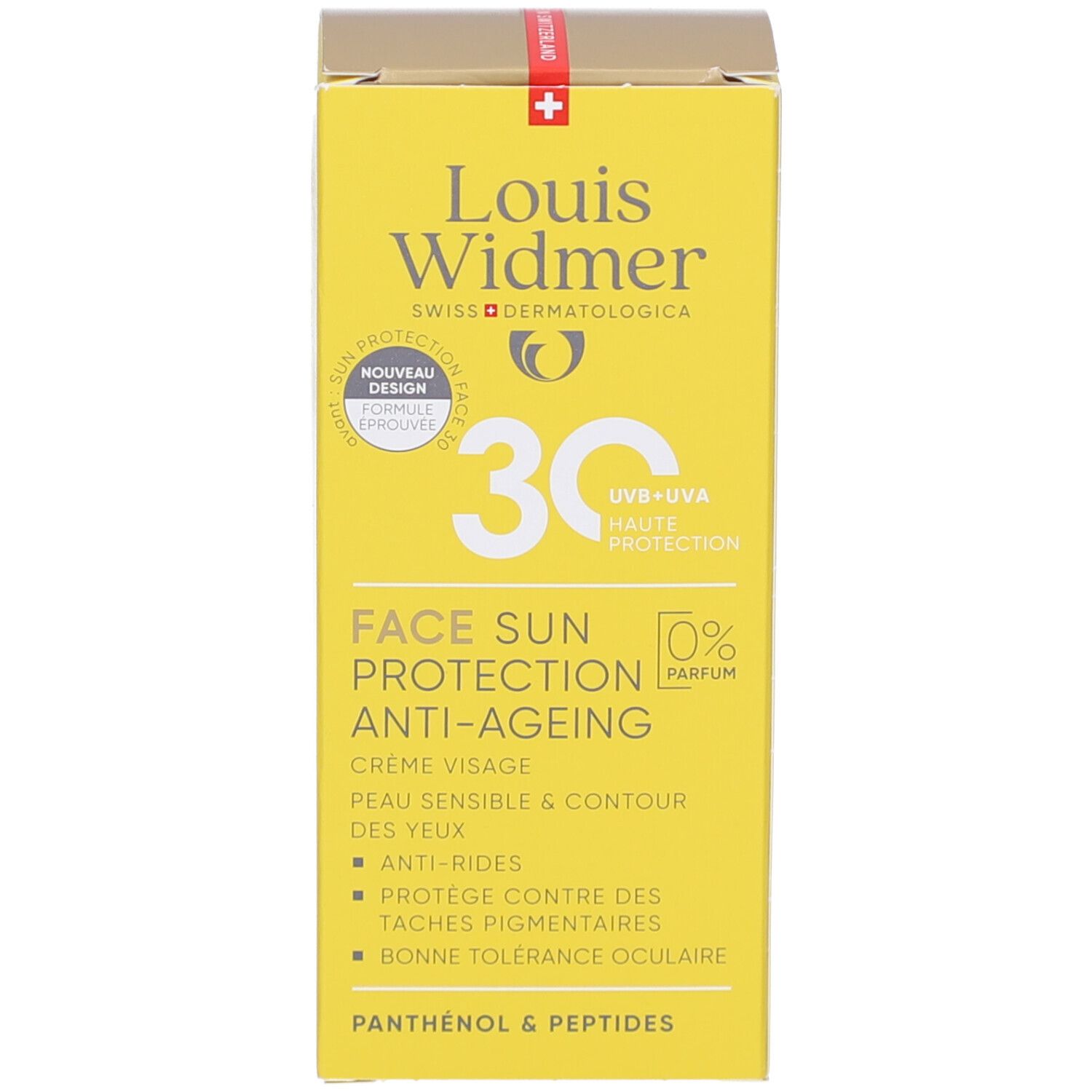 Emballage jaune. Inscription : Louis Widmer, 30, Face Sun Protection Anti-Ageing. Crème visage, contour des yeux. 0% Parfum.