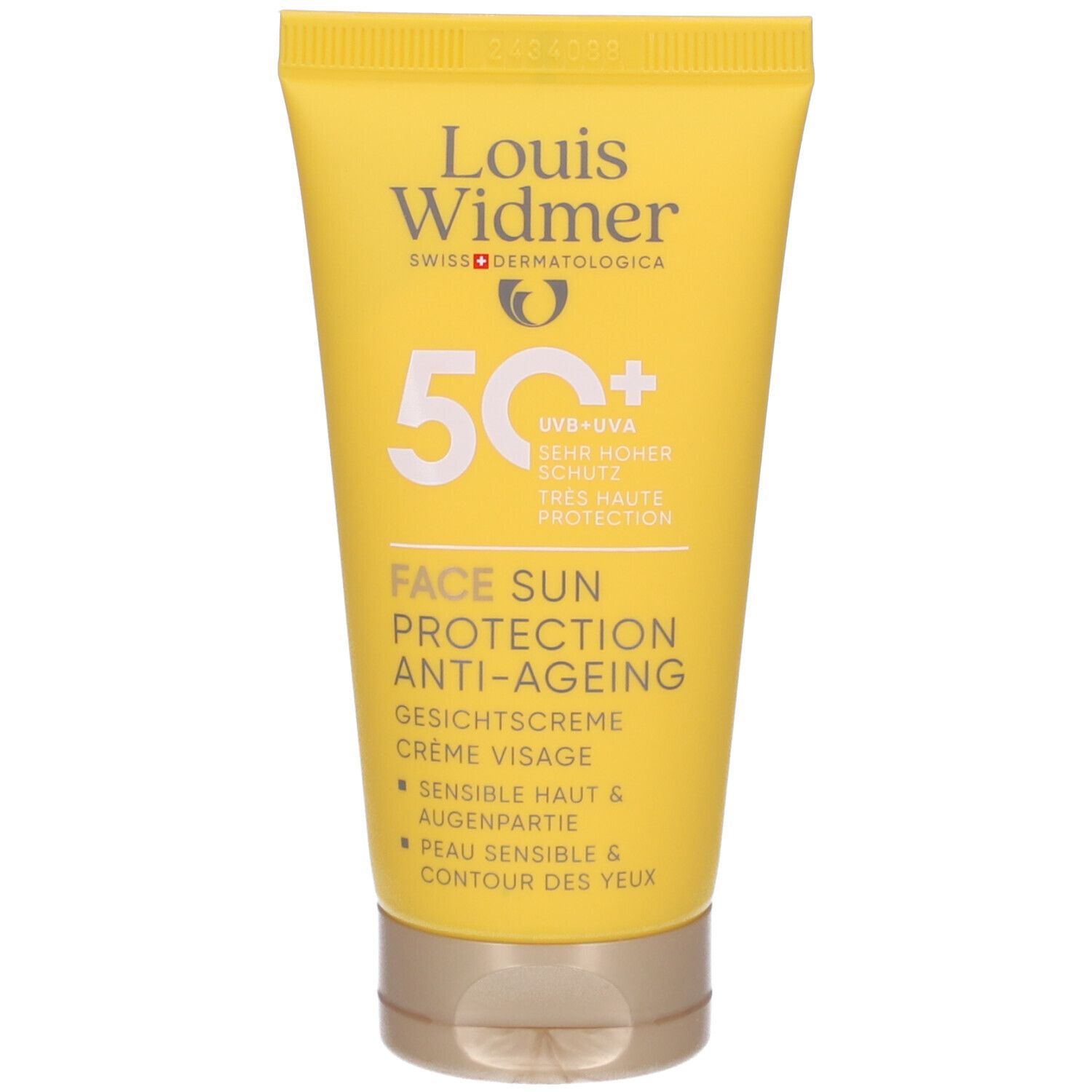 Tube jaune Louis Widmer Face Sun Protection Anti-Ageing 50+. Crème solaire pour le visage. Texte et logo.