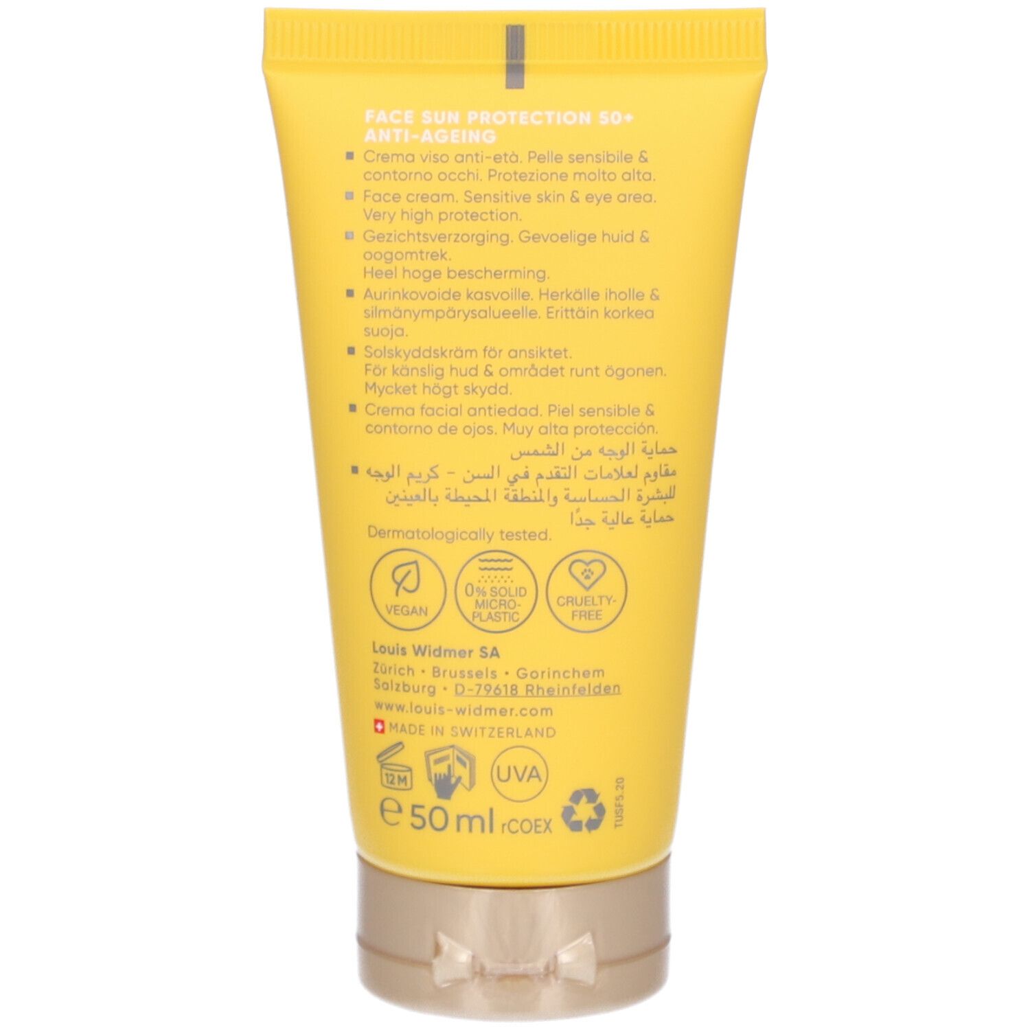 Dos du tube jaune Louis Widmer Face Sun Protection Anti-Ageing 50+. Texte multilingue. Logos.