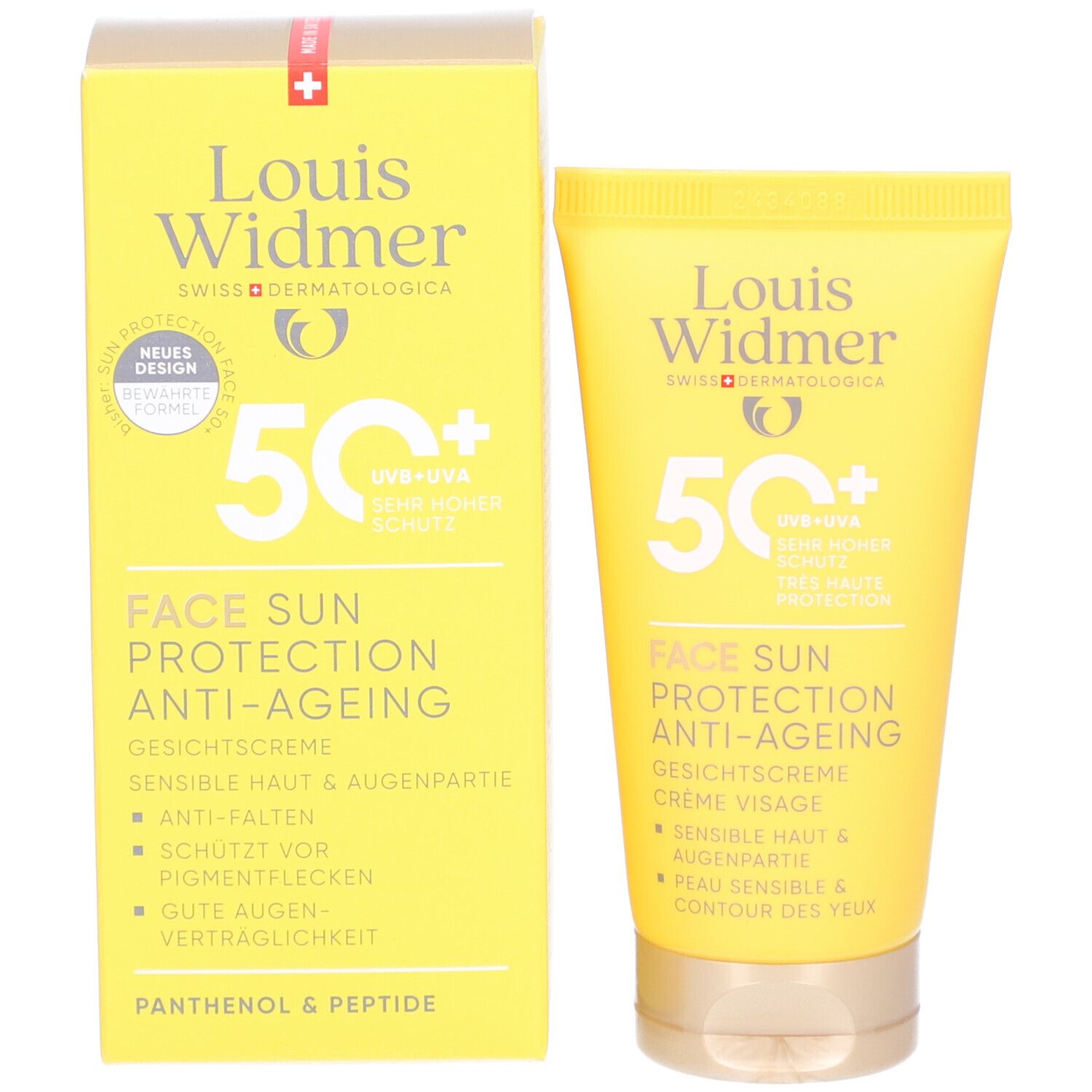 Louis Widmer Face Sun Protection Anti-Ageing 50+ en boîte et tube. Jaune. Texte et logo. Crème solaire.