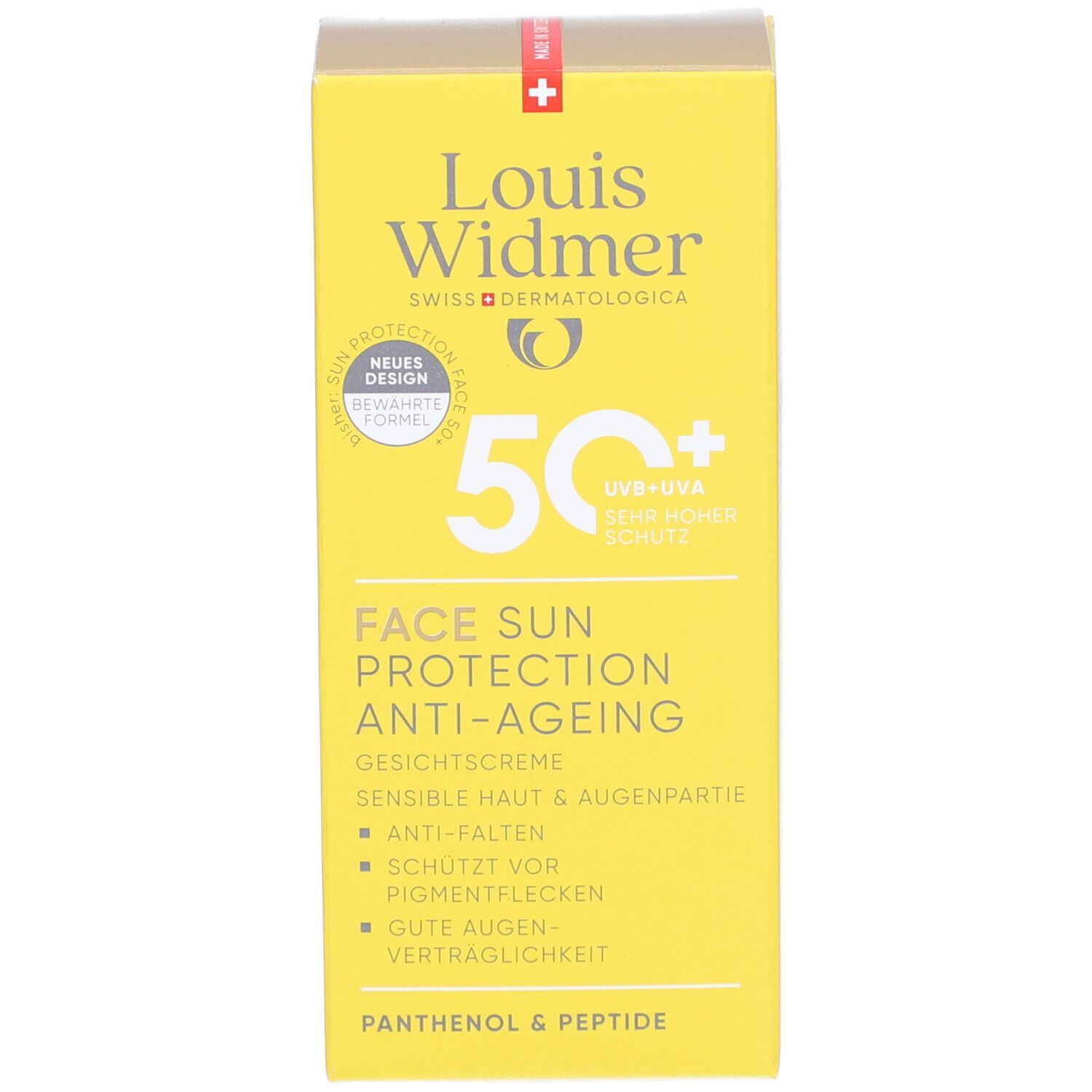 Boîte jaune Louis Widmer Face Sun Protection Anti-Ageing 50+. Texte et logo. Crème solaire visage.