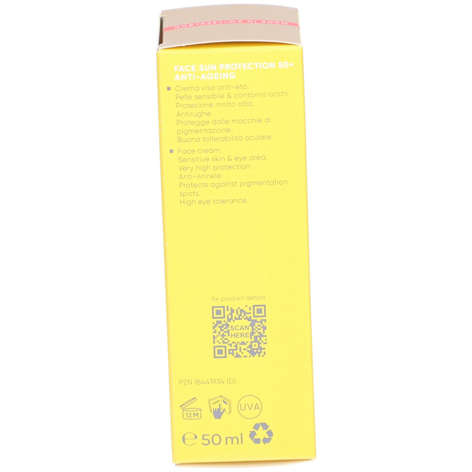 Dos de la boîte jaune Louis Widmer Face Sun Protection Anti-Ageing 50+. Texte multilingue. Code QR.