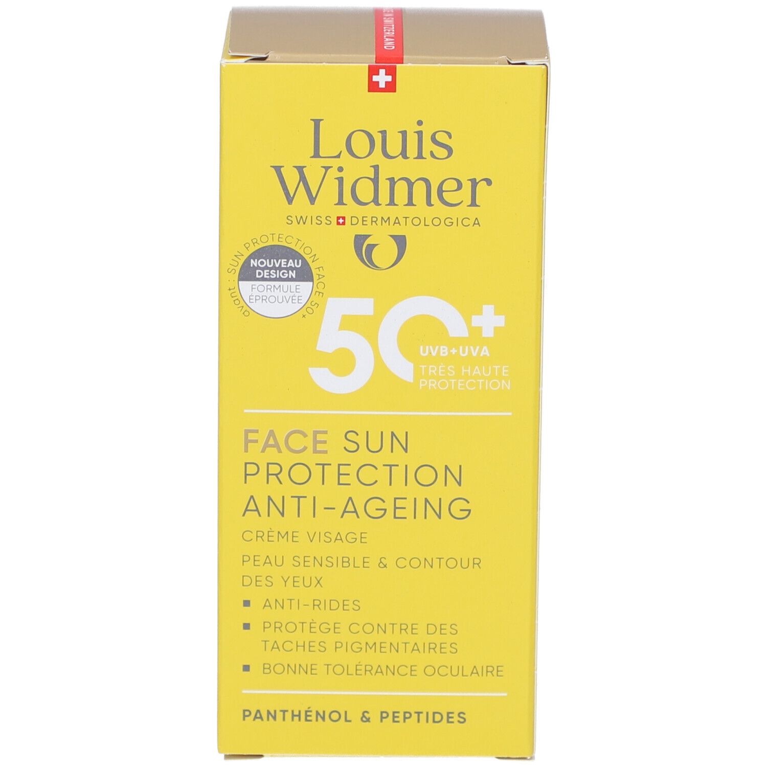 Boîte jaune Louis Widmer Face Sun Protection Anti-Ageing 50+. Texte et logo. Crème solaire visage.