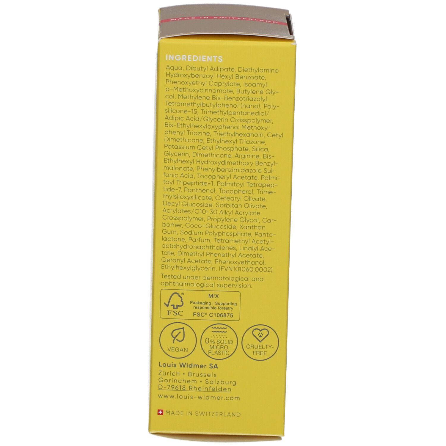 Dos de la boîte jaune Louis Widmer Face Sun Protection Anti-Ageing 50+. Ingrédients, logos, certifications.